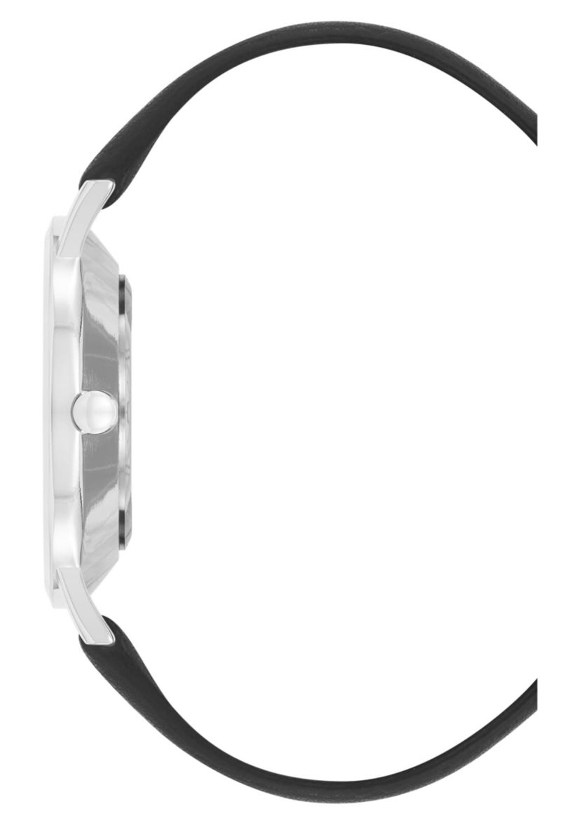 Quartz Round Black Faux Leather Band Watch