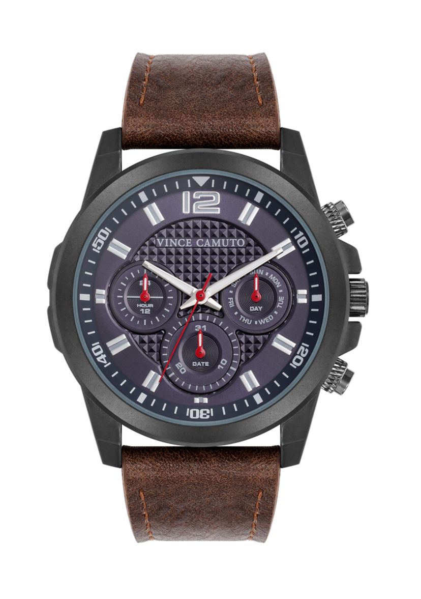 Quartz Rugged Brown PU Leather with Navy Dial Watch