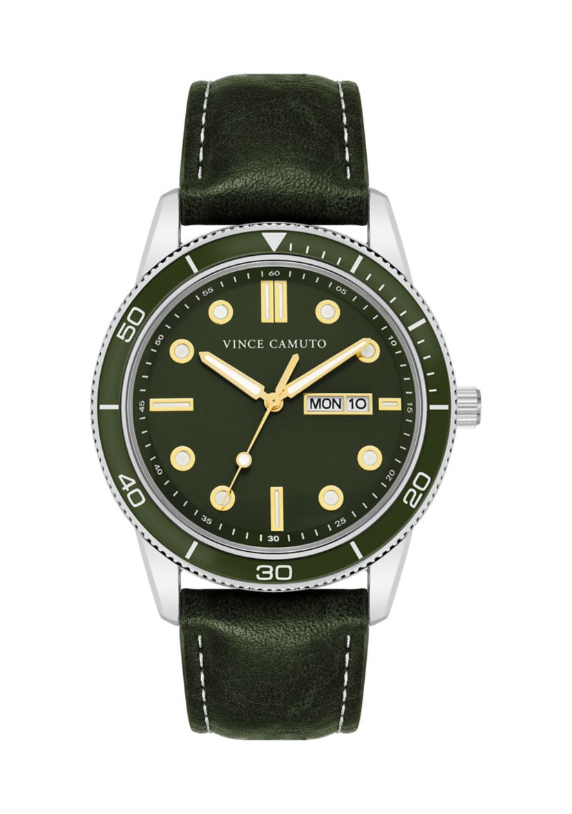 Quartz Contemporary Smooth Green Leather Band Watch