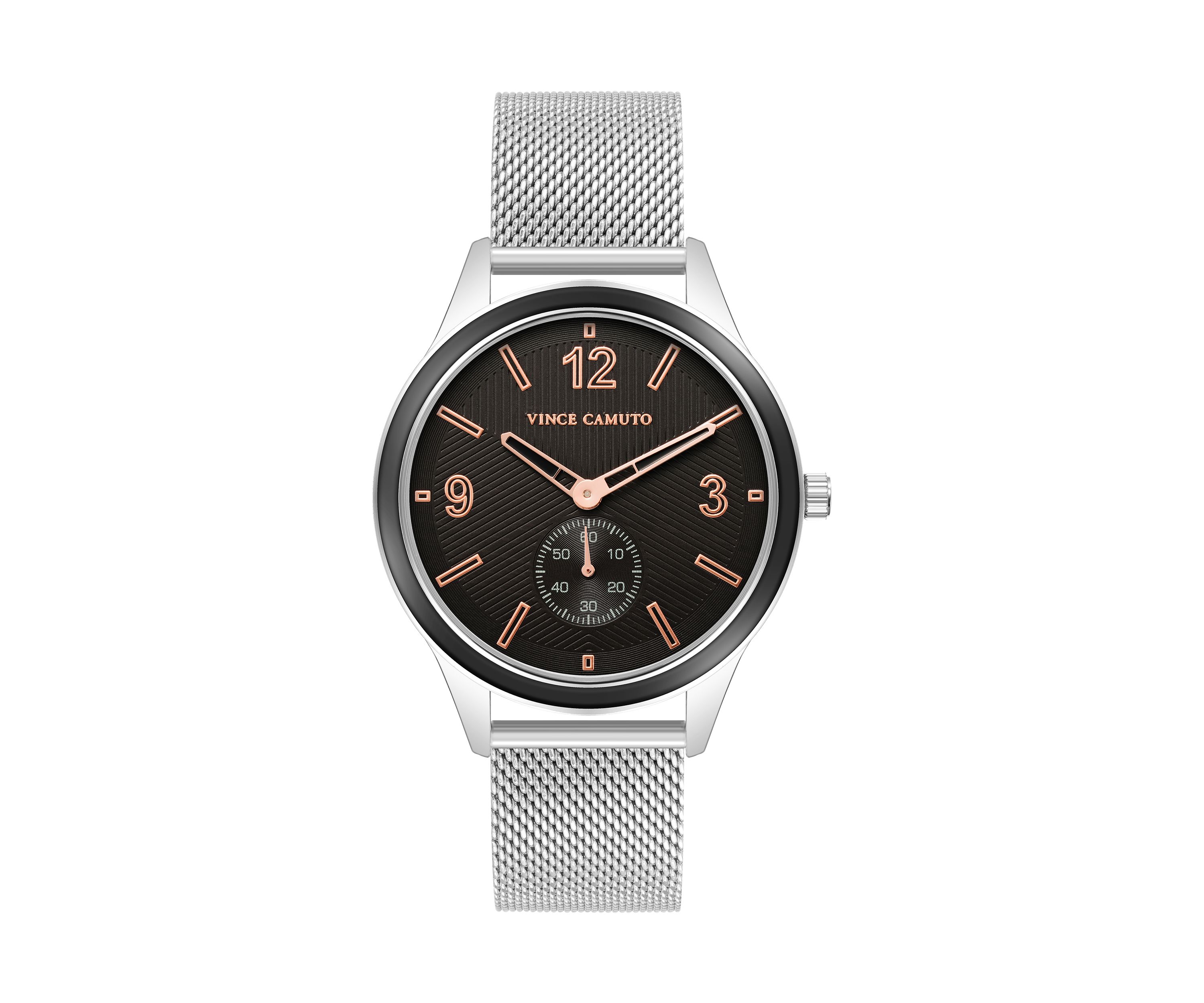 Silver Tone Stainless Steel Mesh Band Watch with Black Dial
