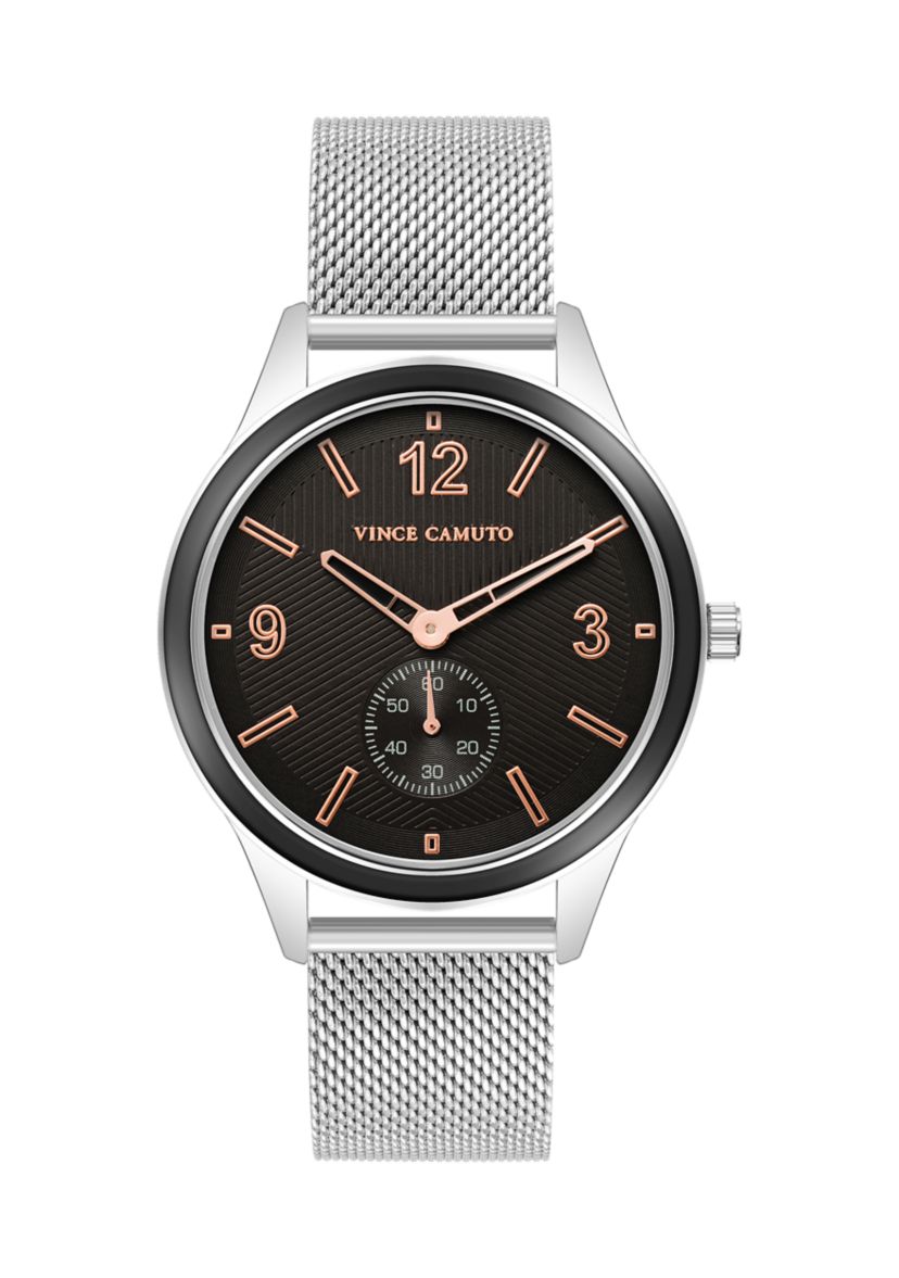 Silver Tone Stainless Steel Mesh Band Watch with Black Dial