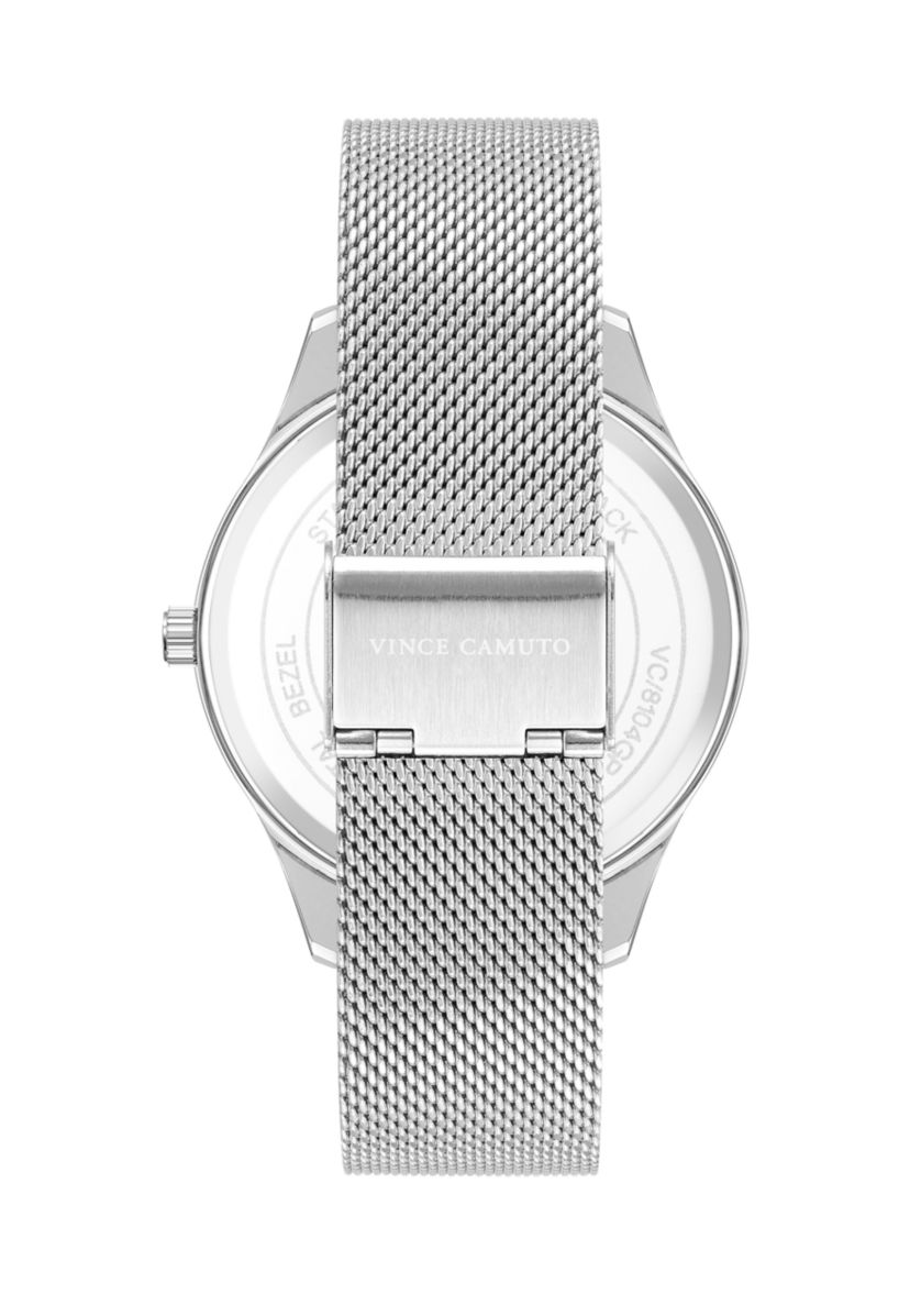 Silver Tone Stainless Steel Mesh Band Watch with Black Dial