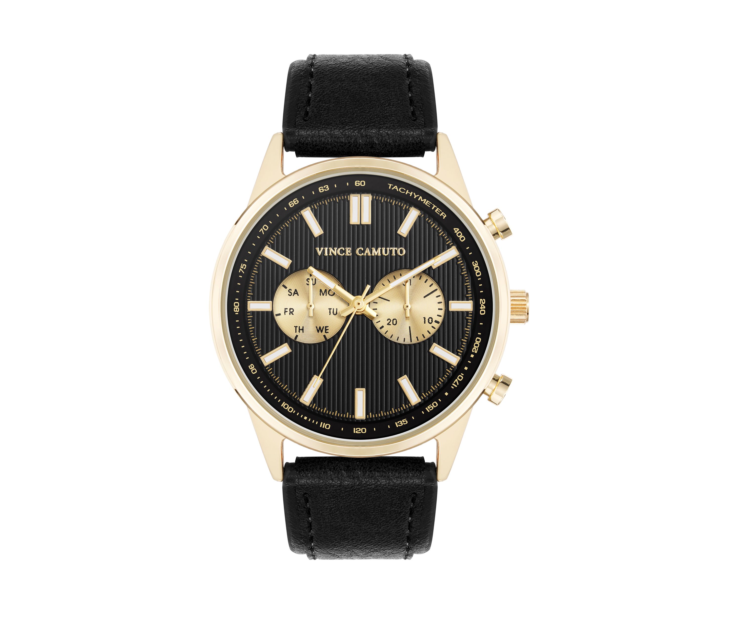 Quartz Sleek Black PU Leather Dual Sub-Dial Watch