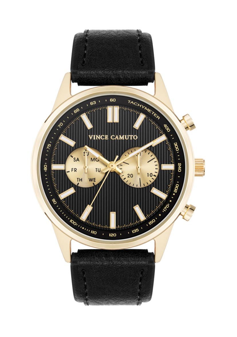 Quartz Sleek Black PU Leather Dual Sub-Dial Watch