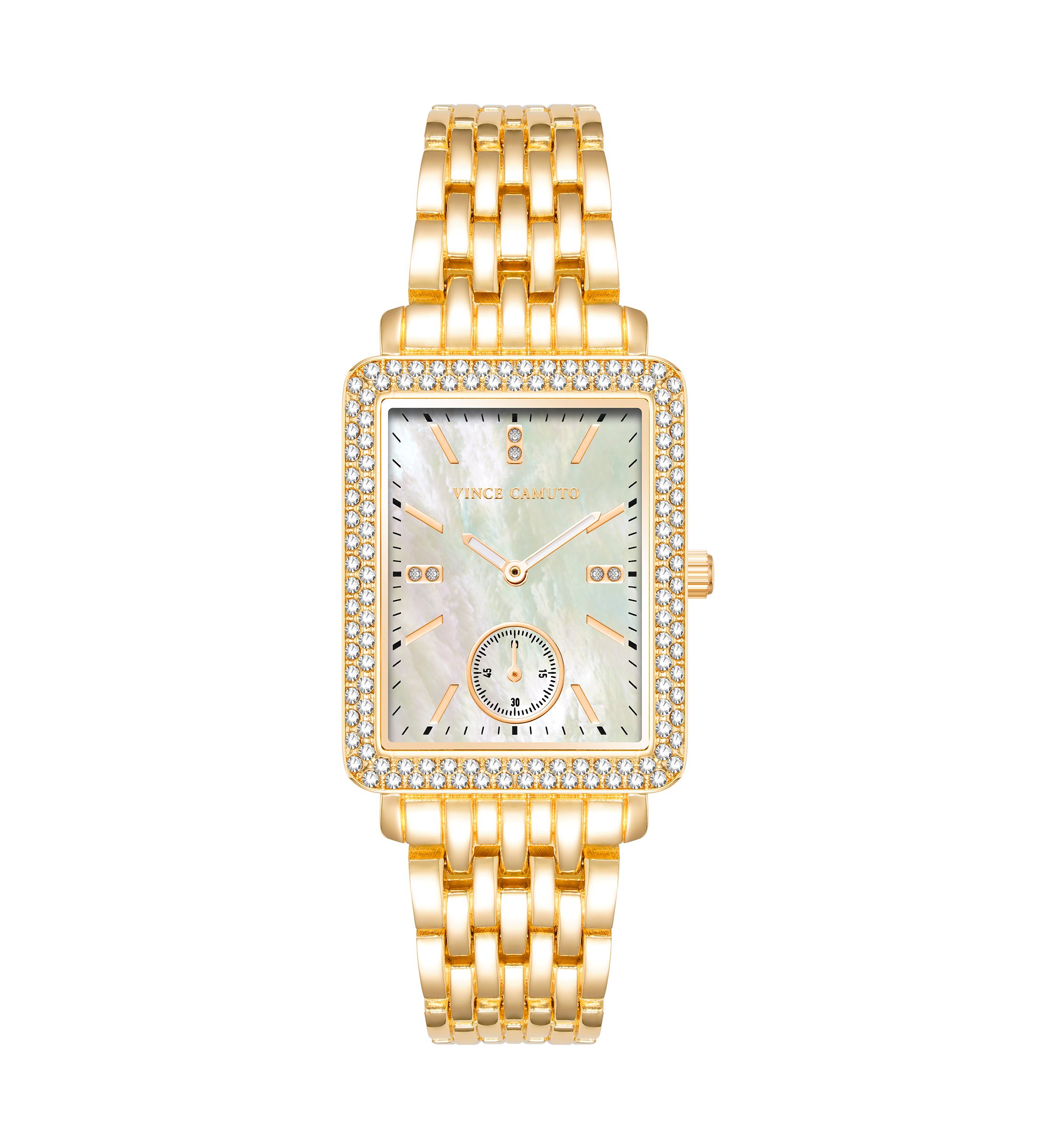 Quartz Gold-Tone Metal Alloy Crystal Bezel Watch