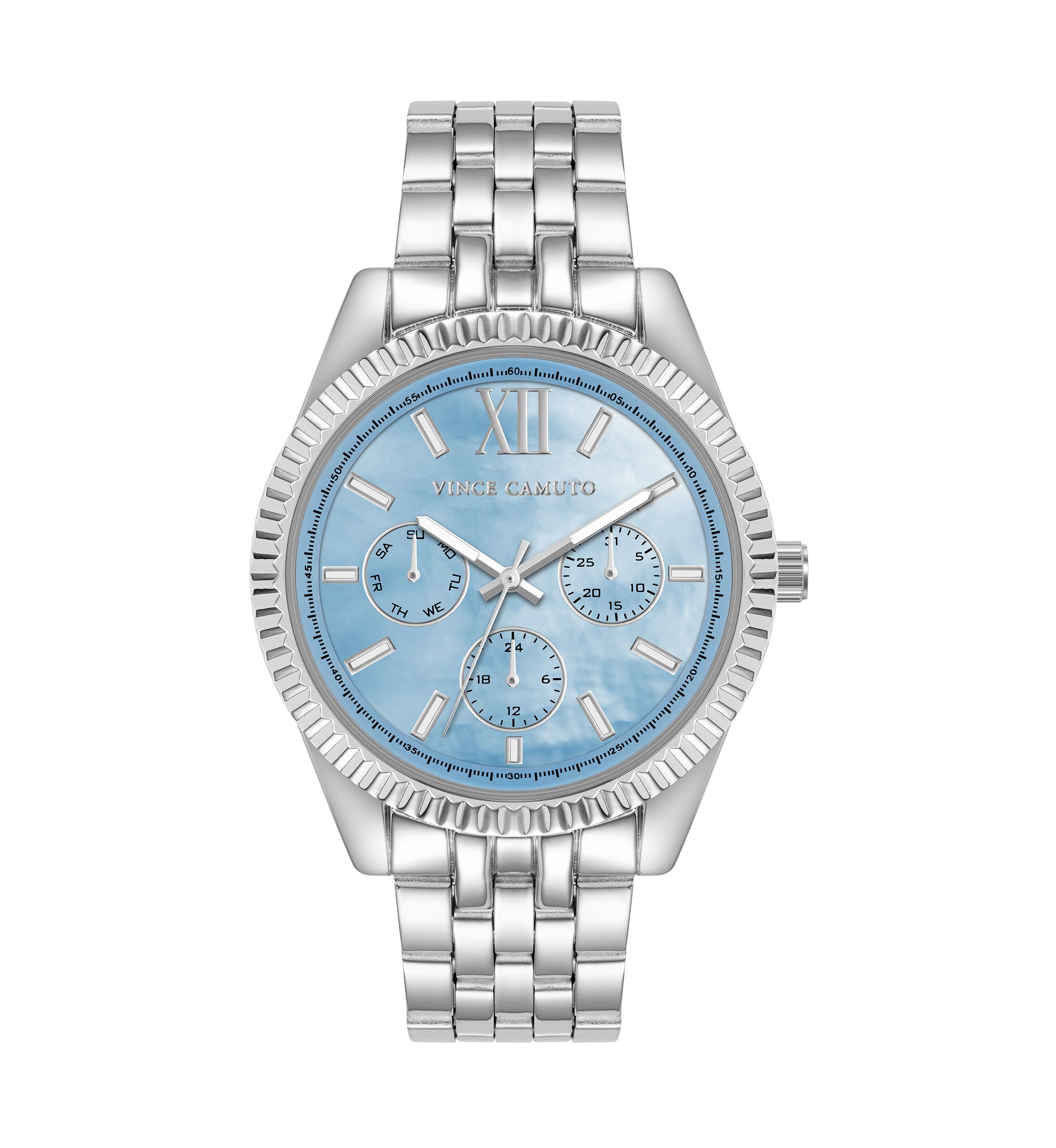 Quartz Polished Silver-Tone Metal Alloy with Light Blue Dial Watch