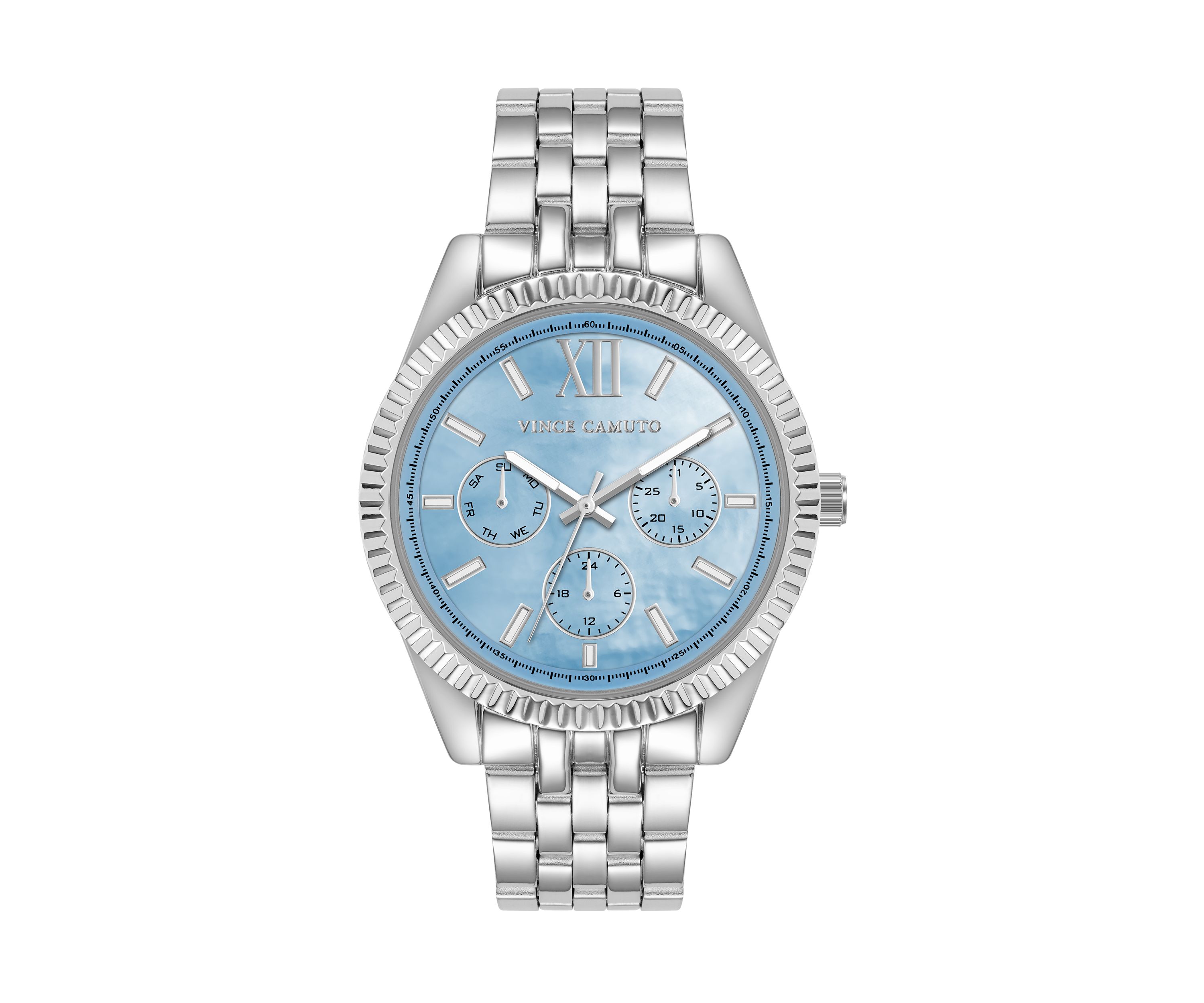 Quartz Polished Silver-Tone Metal Alloy with Light Blue Dial Watch