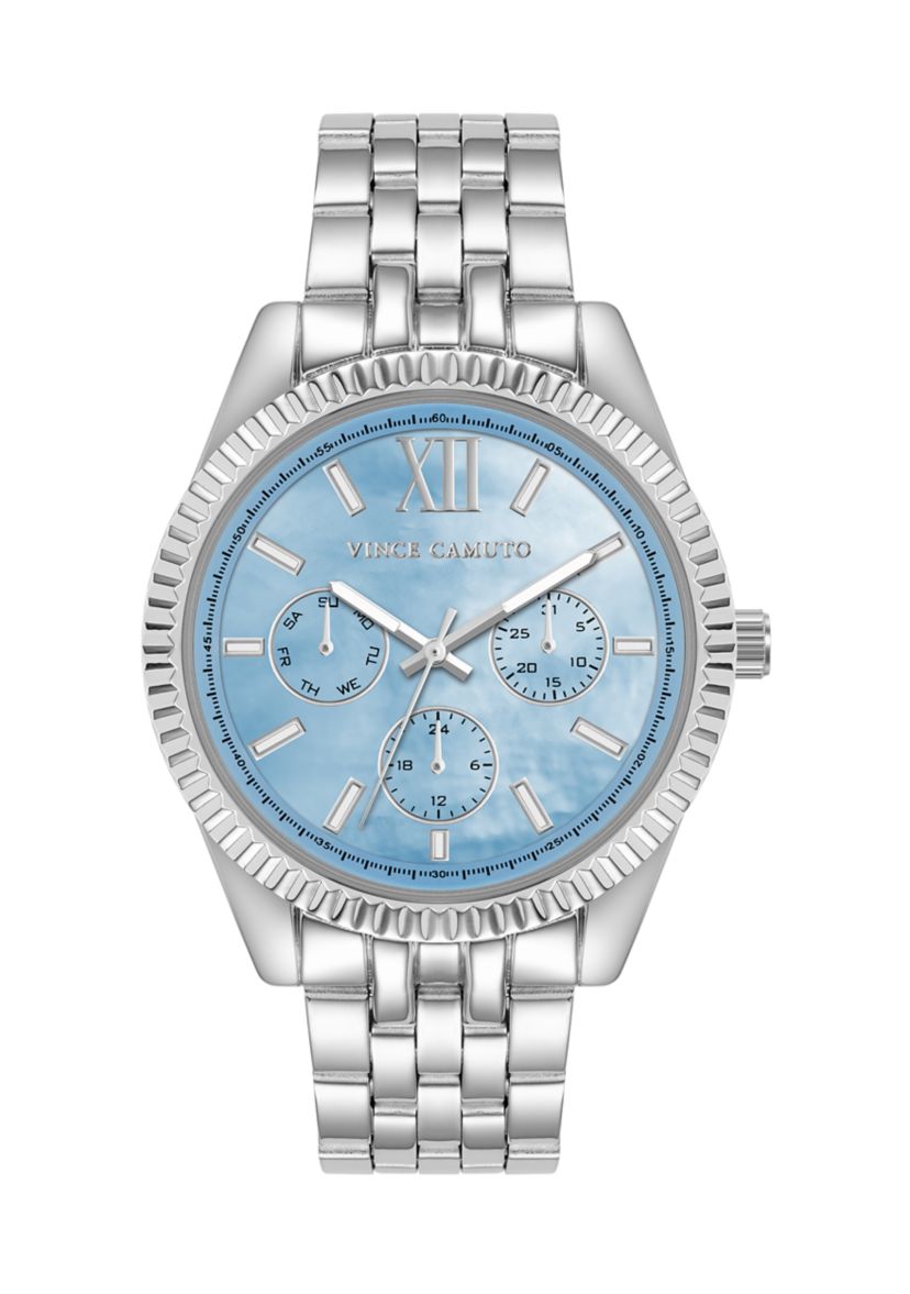 Quartz Polished Silver-Tone Metal Alloy with Light Blue Dial Watch