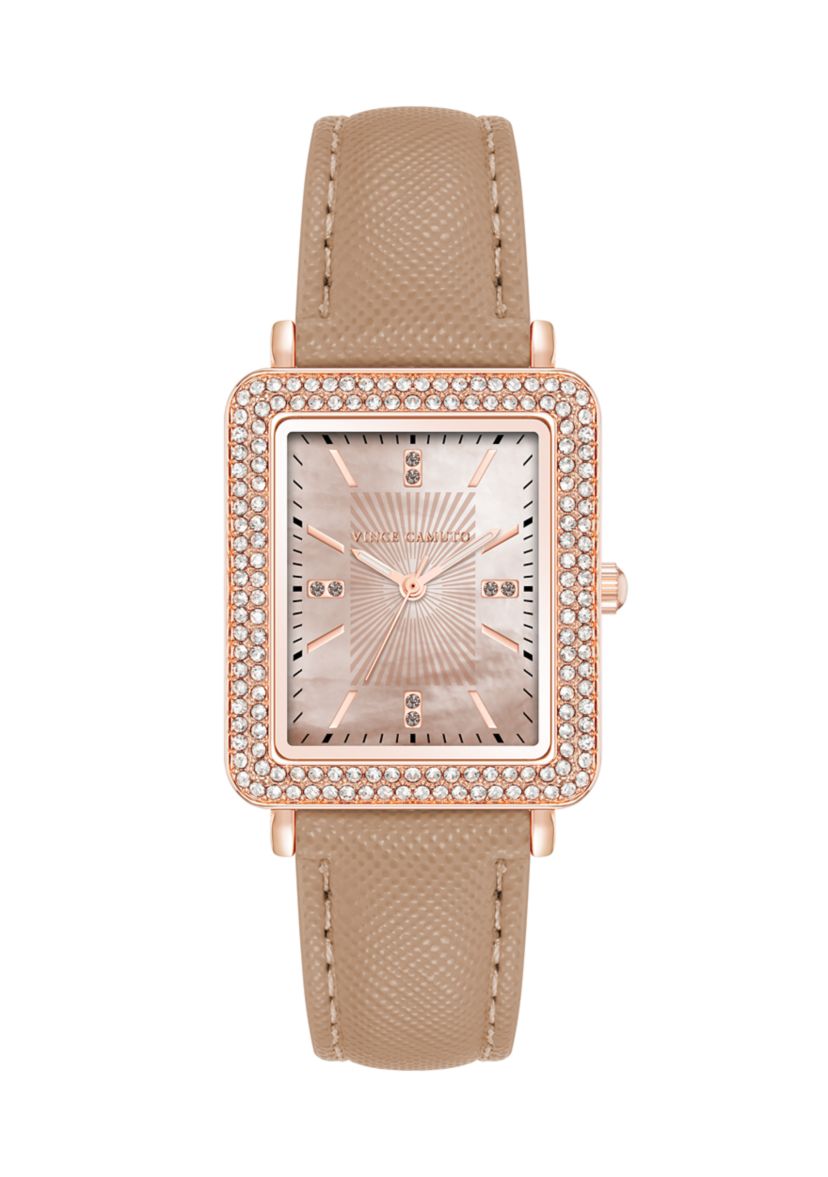   Beige Faux Leather Band Watch with Crystal 