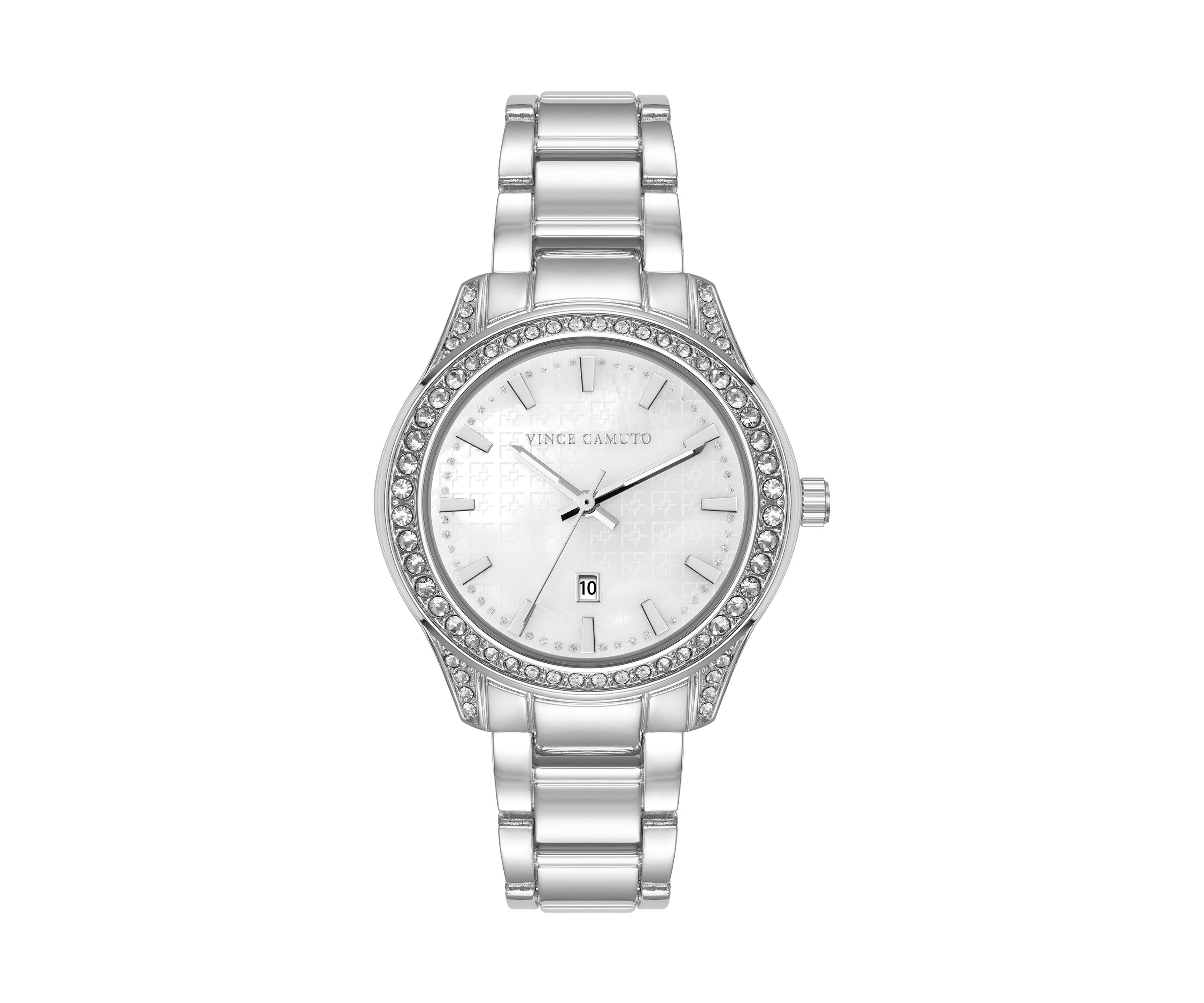Quartz Silver-Tone Metal Alloy Crystal Bezel Watch
