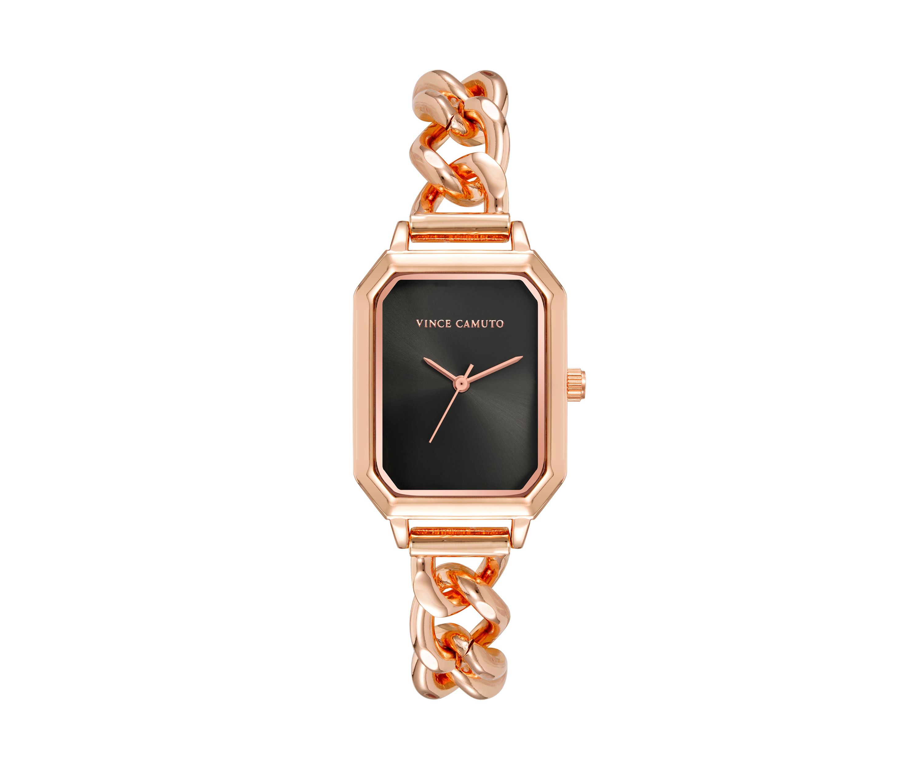Rose Gold Tone Metal Chain Bracelet with Black Dial 