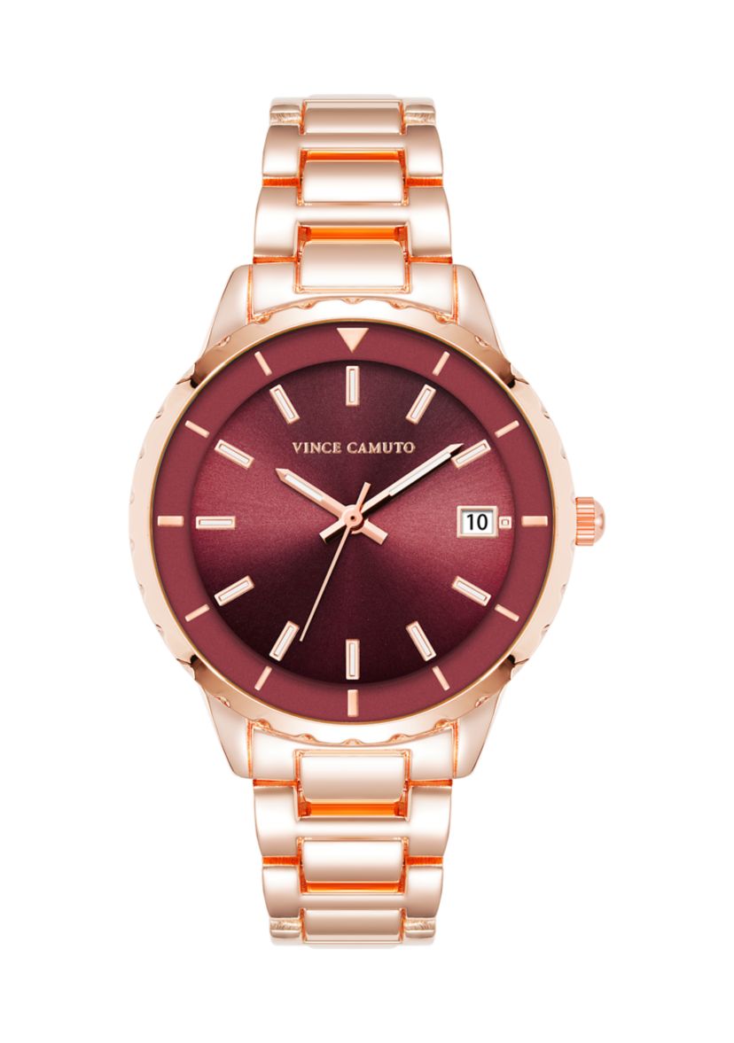 Quartz Burgundy and Rose Gold-Tone Metal Alloy Watch