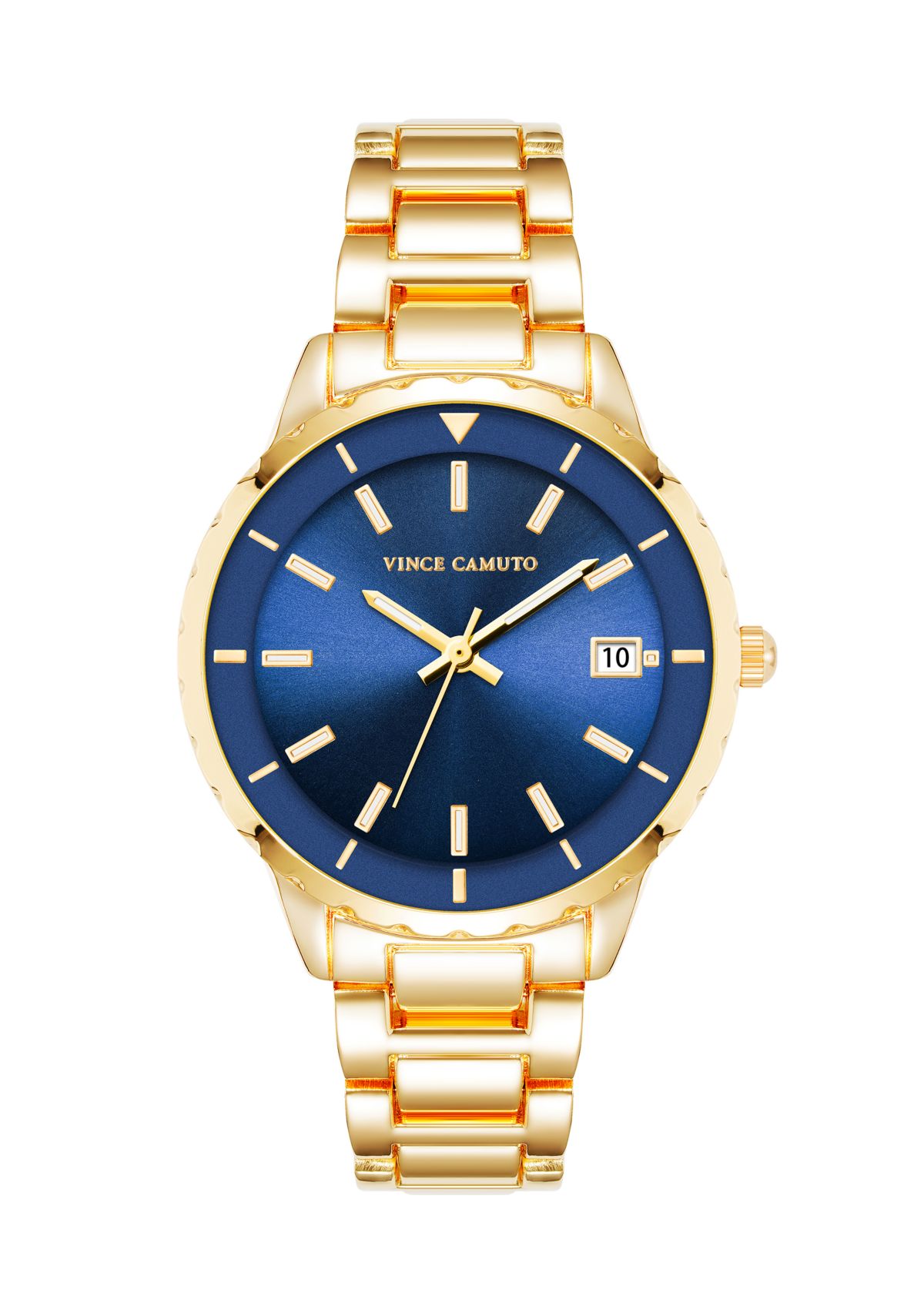   Gold Tone Metal Band Watch with Navy Dial 