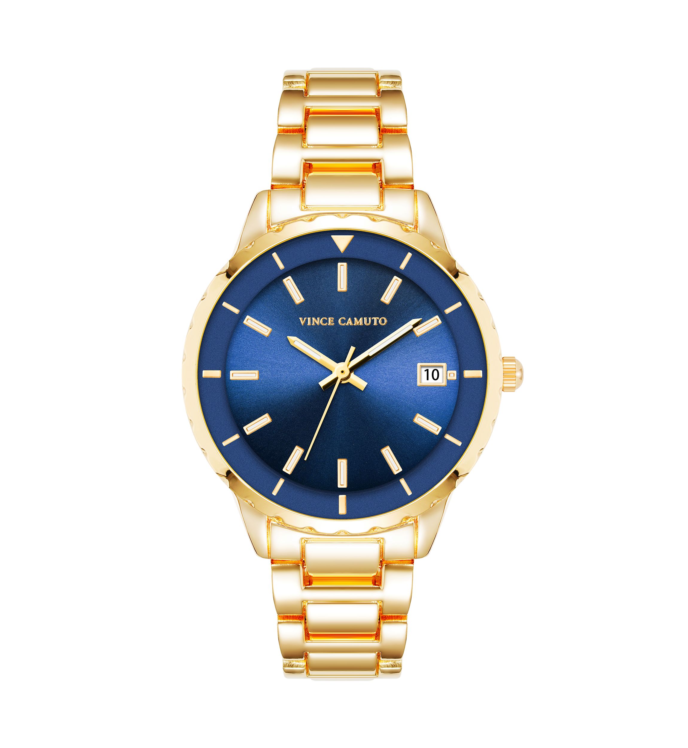   Gold Tone Metal Band Watch with Navy Dial 
