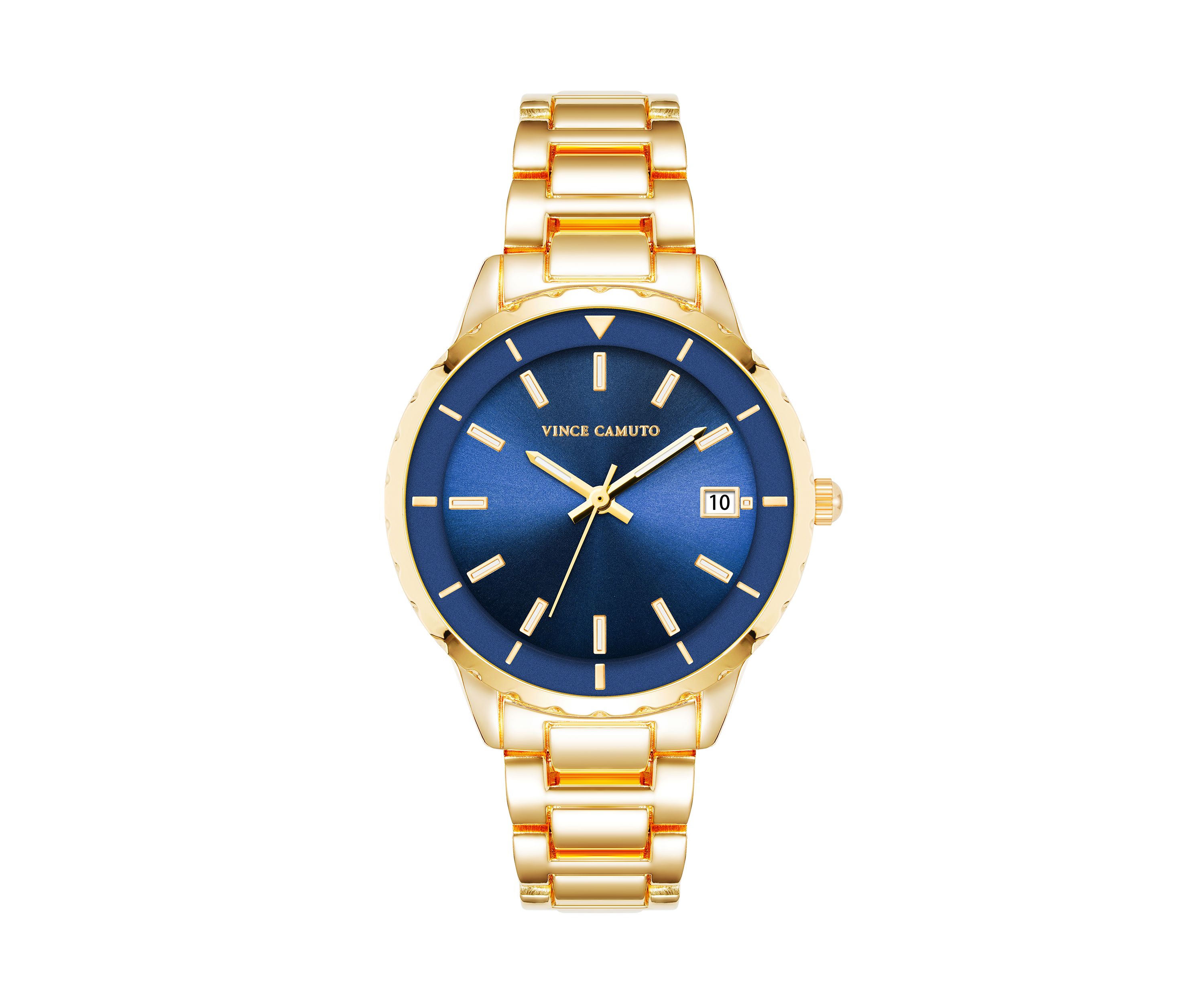   Gold Tone Metal Band Watch with Navy Dial 