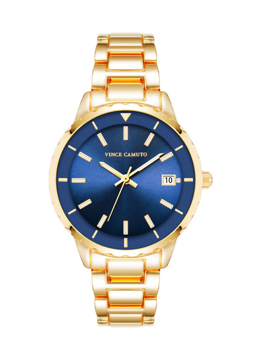   Gold Tone Metal Band Watch with Navy Dial 