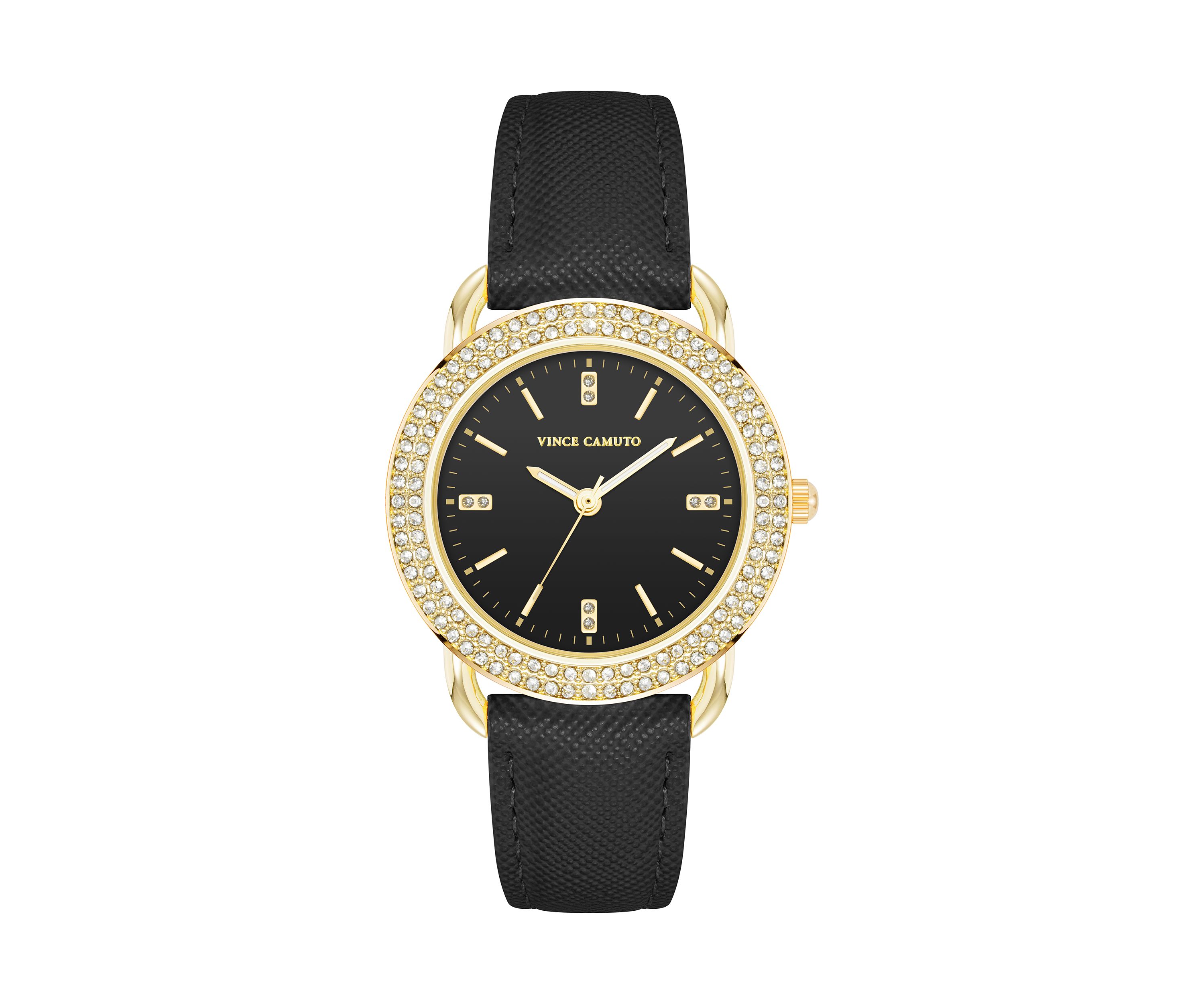 Quartz Round Black Saffiano PU Leather Crystal Accented Watch