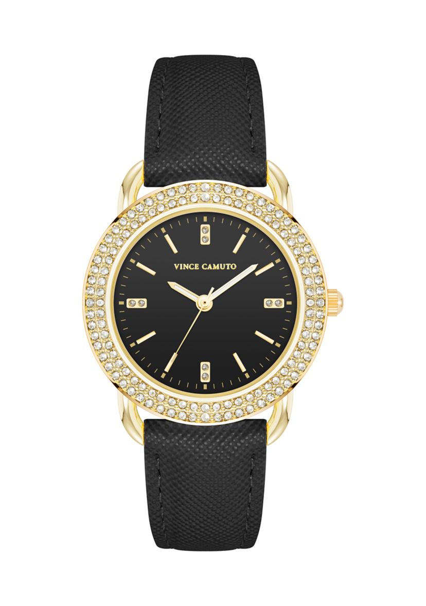 Quartz Round Black Saffiano PU Leather Crystal Accented Watch