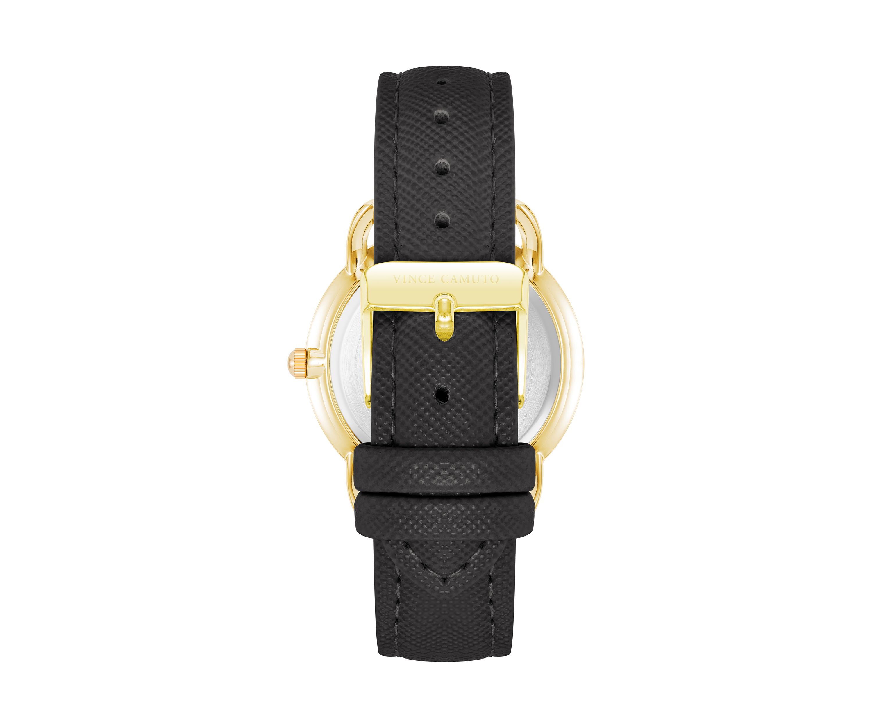 Quartz Round Black Saffiano PU Leather Crystal Accented Watch