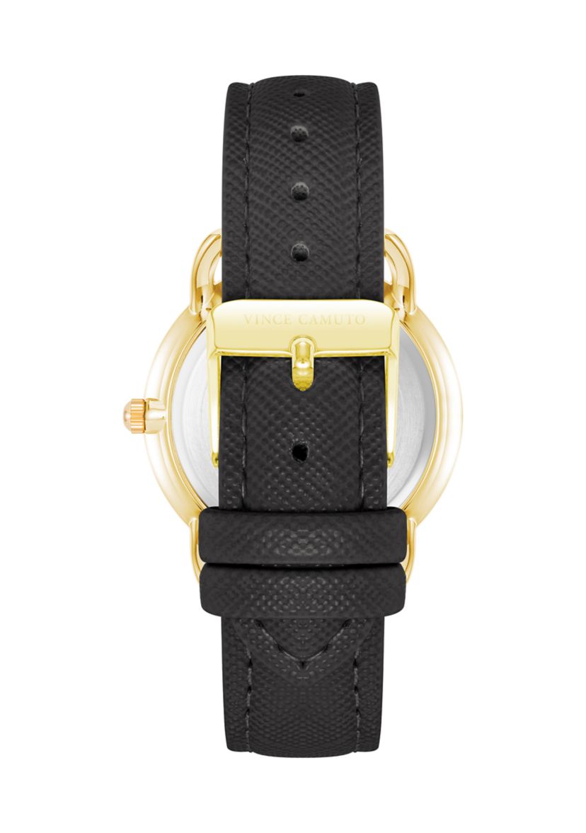 Quartz Round Black Saffiano PU Leather Crystal Accented Watch