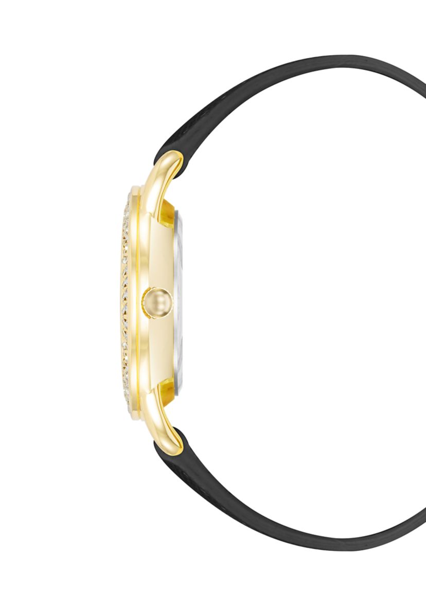 Quartz Round Black Saffiano PU Leather Crystal Accented Watch