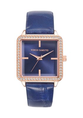 Vince Camuto Women's Quartz Navy Croco-Grain PU Leather Crystal Bezel Watch