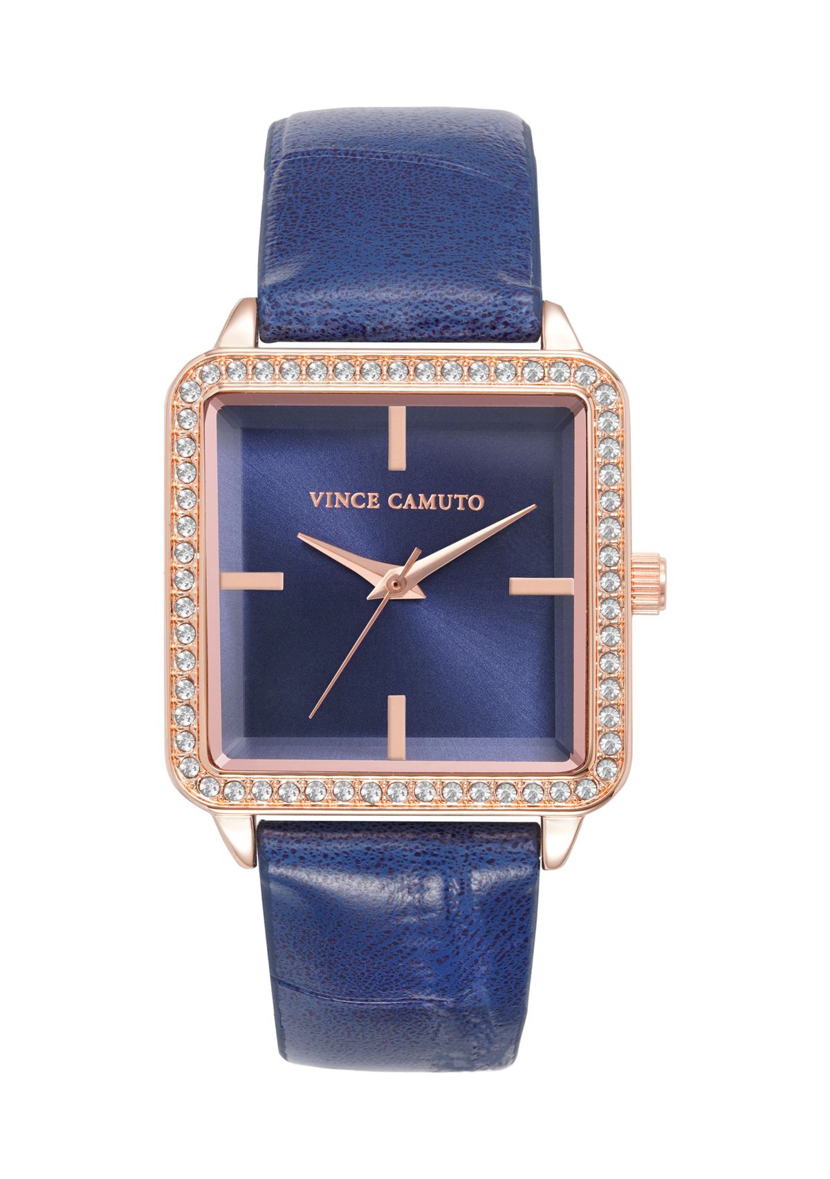 Quartz Navy Croco-Grain PU Leather Crystal Bezel Watch