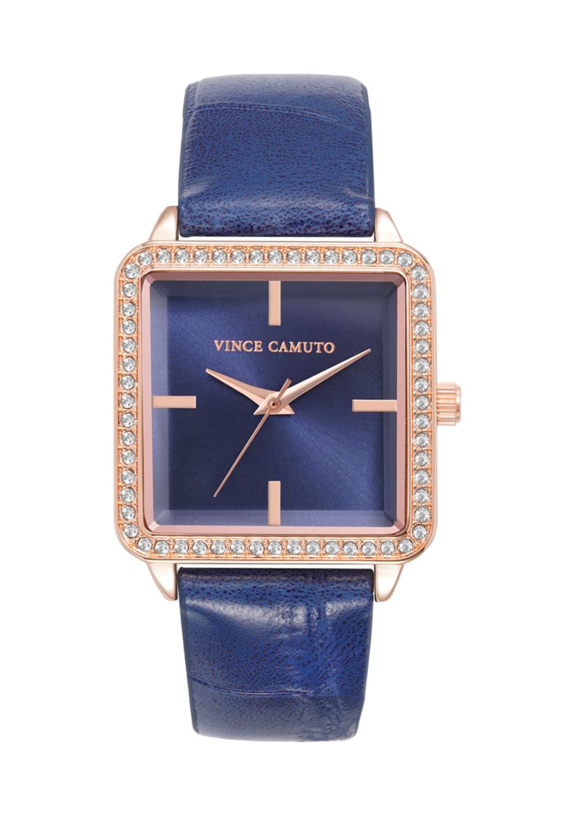 Quartz Navy Croco-Grain PU Leather Crystal Bezel Watch