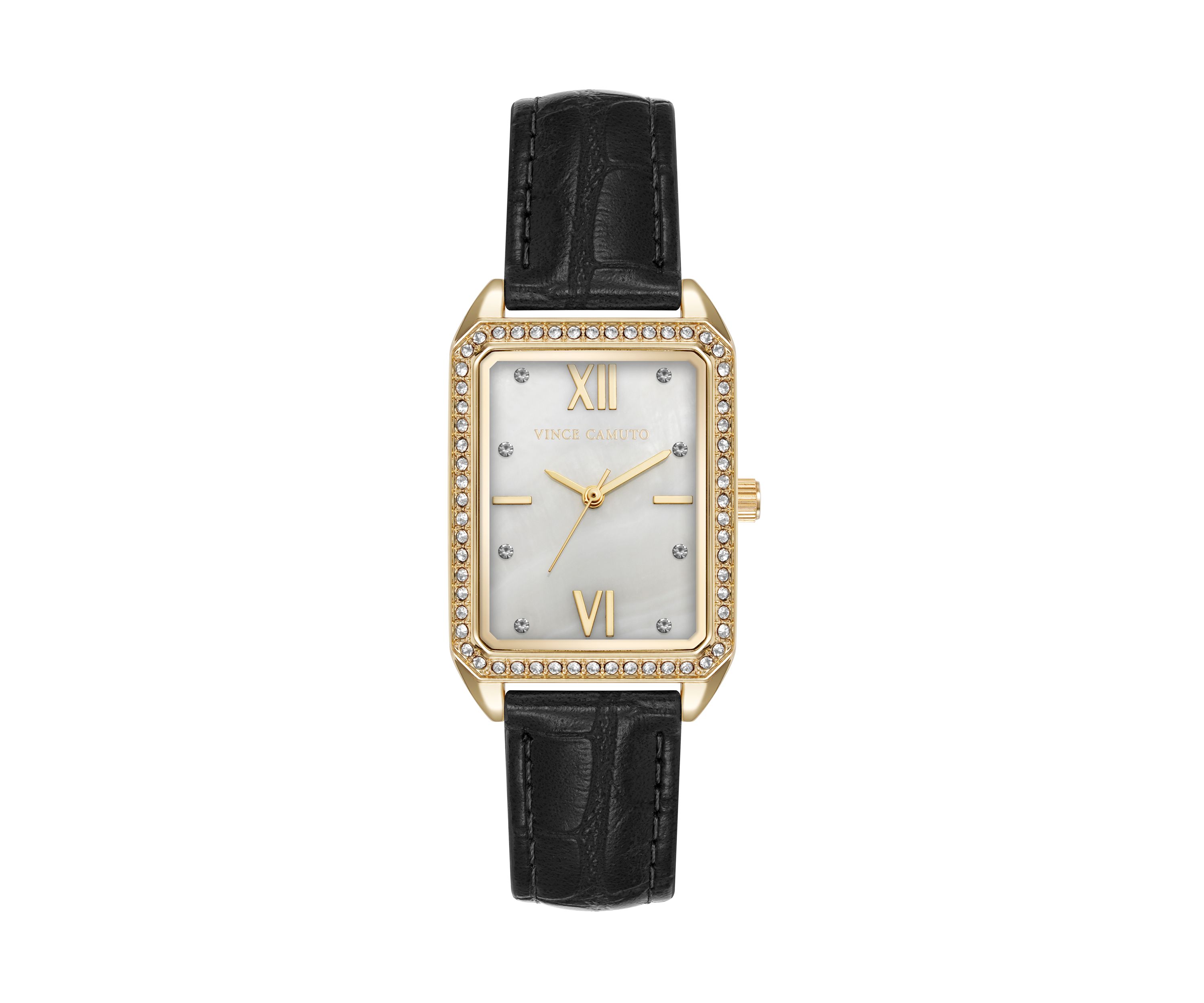 Quartz Rectangular Black Crocograin PU Leather Crystal Accented Watch
