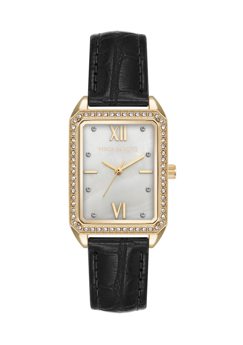Quartz Rectangular Black Crocograin PU Leather Crystal Accented Watch