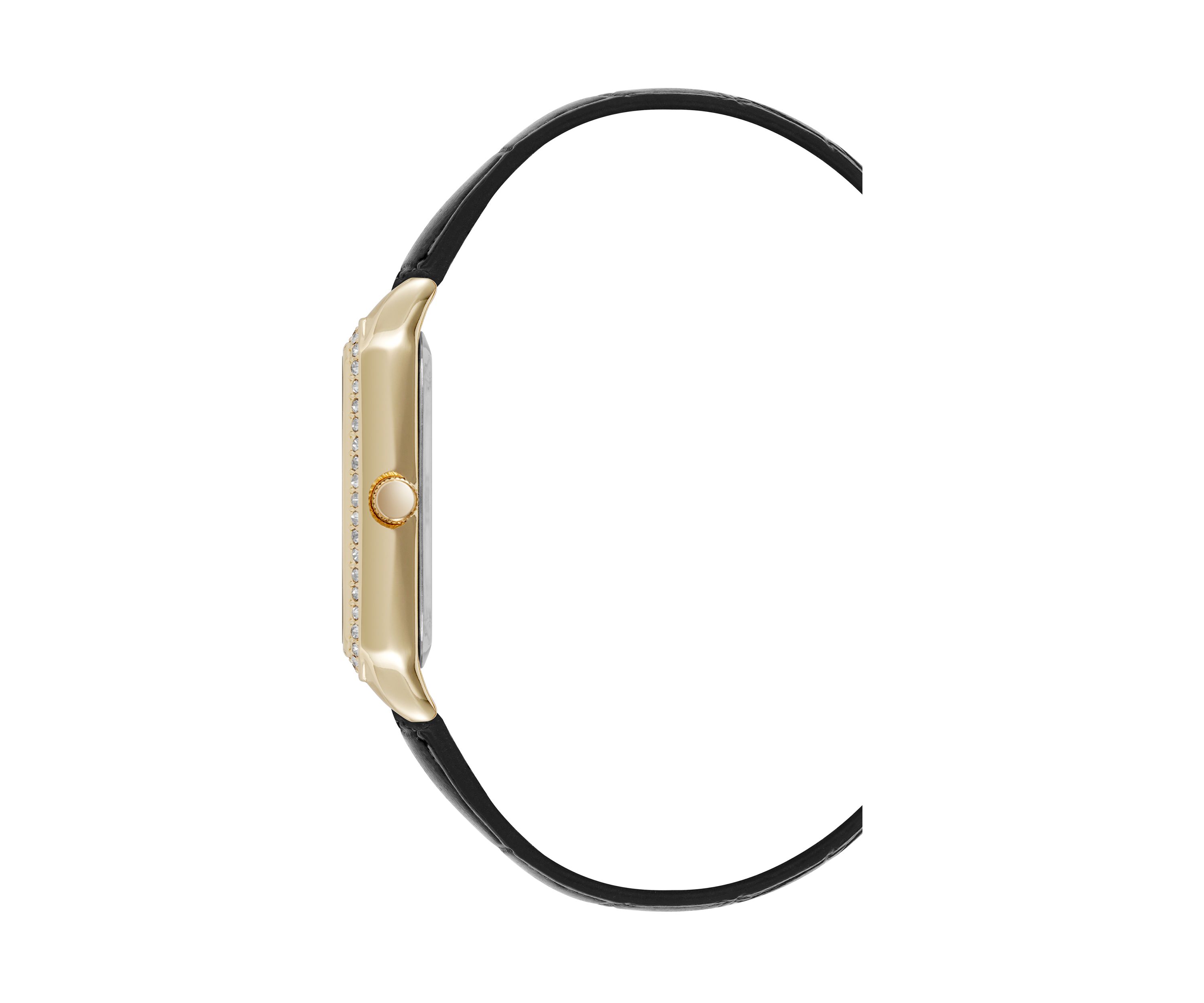 Quartz Rectangular Black Crocograin PU Leather Crystal Accented Watch