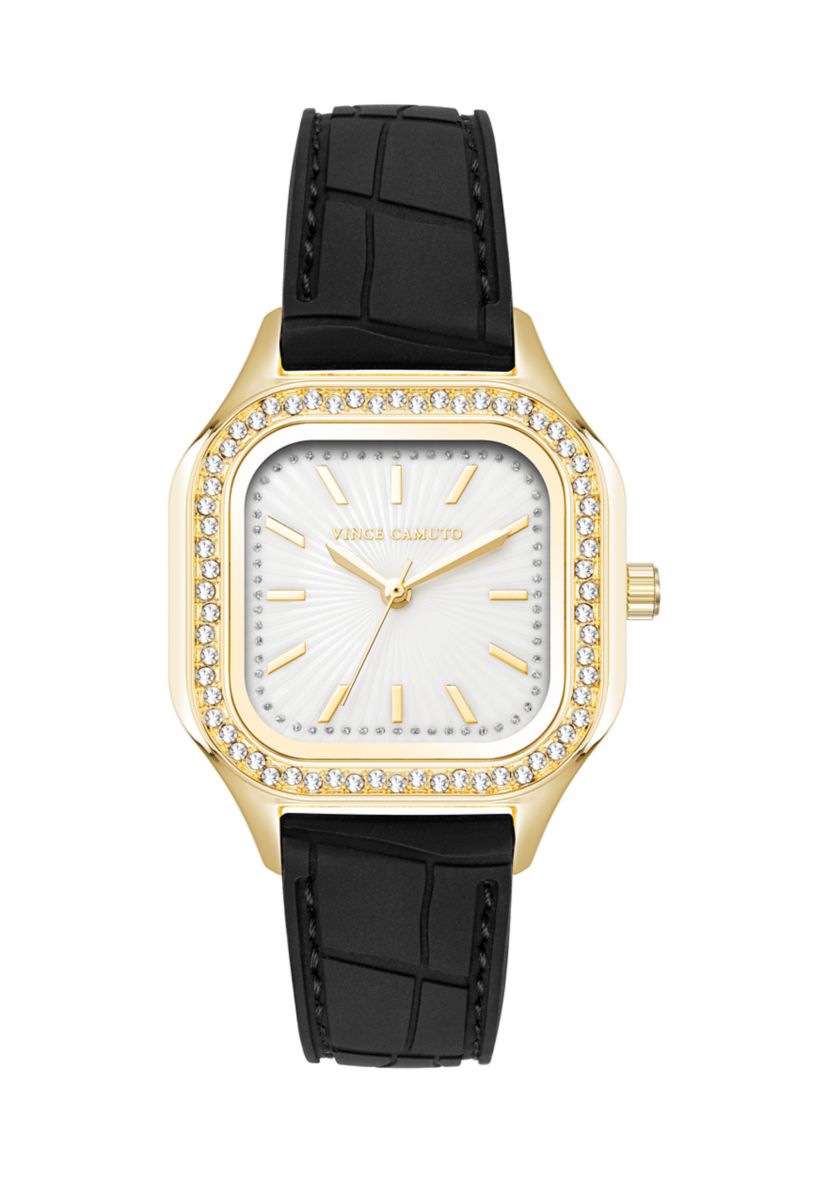 Vince Camuto Quartz White Crystal Pavé Black Leather Band  display picture 3