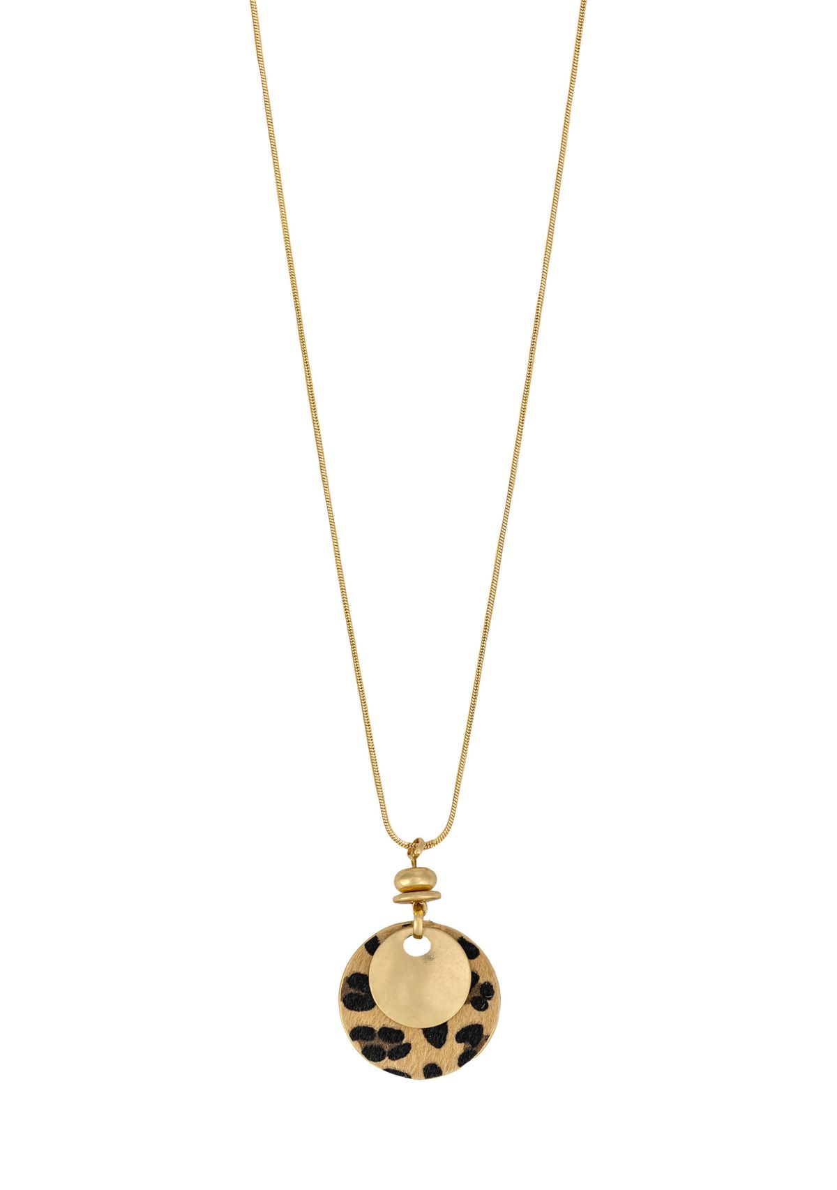 Gold Tone Long Layered Leopard Print and Metal Disc Pendant Necklace