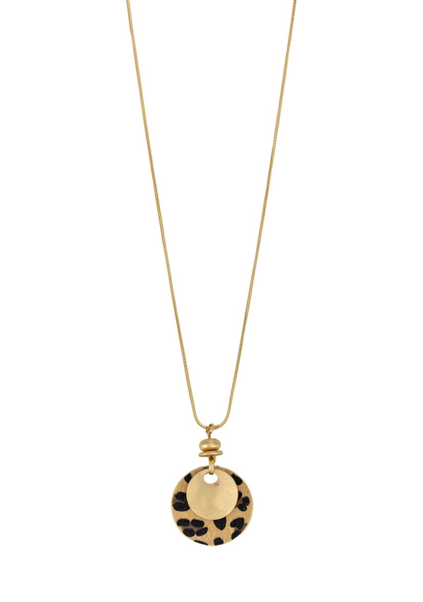 Gold Tone Long Layered Leopard Print and Metal Disc Pendant Necklace