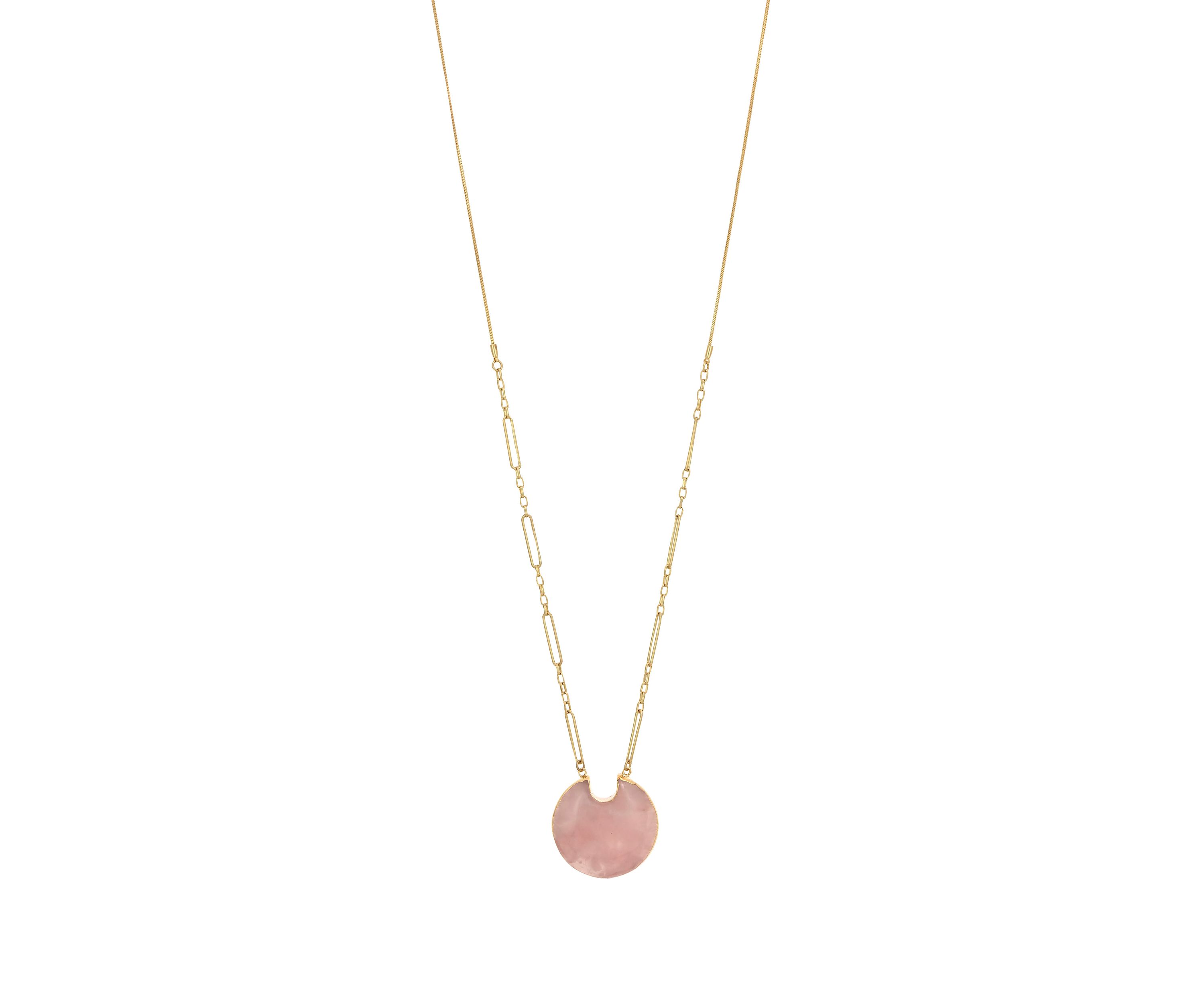 Gold Tone Long Pink Crescent Semi Stone Pendant Necklace