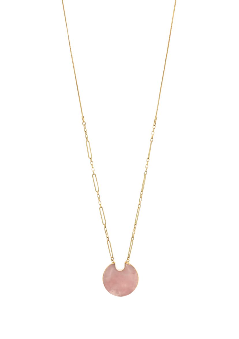 Gold Tone Long Pink Crescent Semi Stone Pendant Necklace