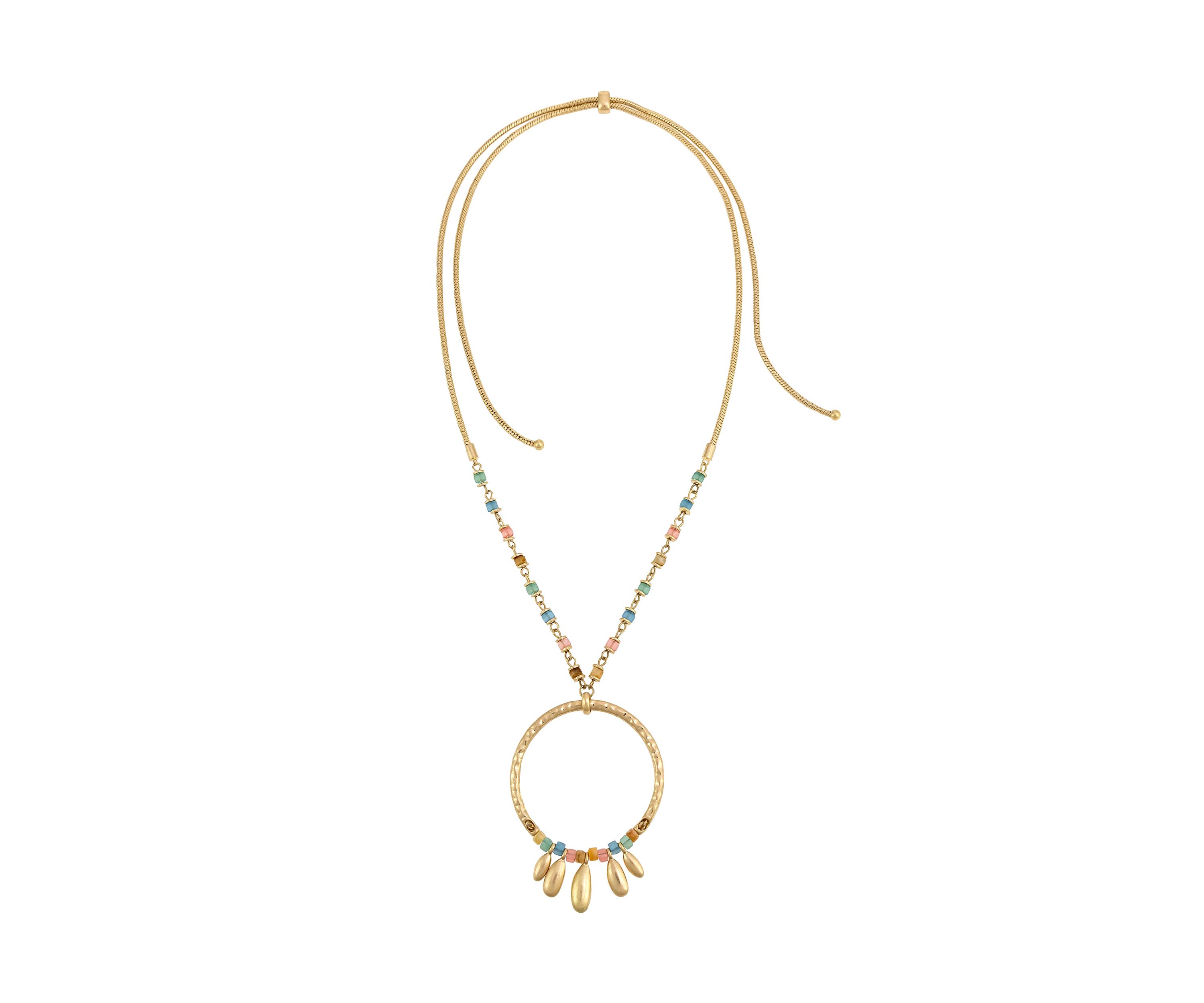 Long Open Fringe Ring Pendant Necklace with Multi Colored Bead Accents