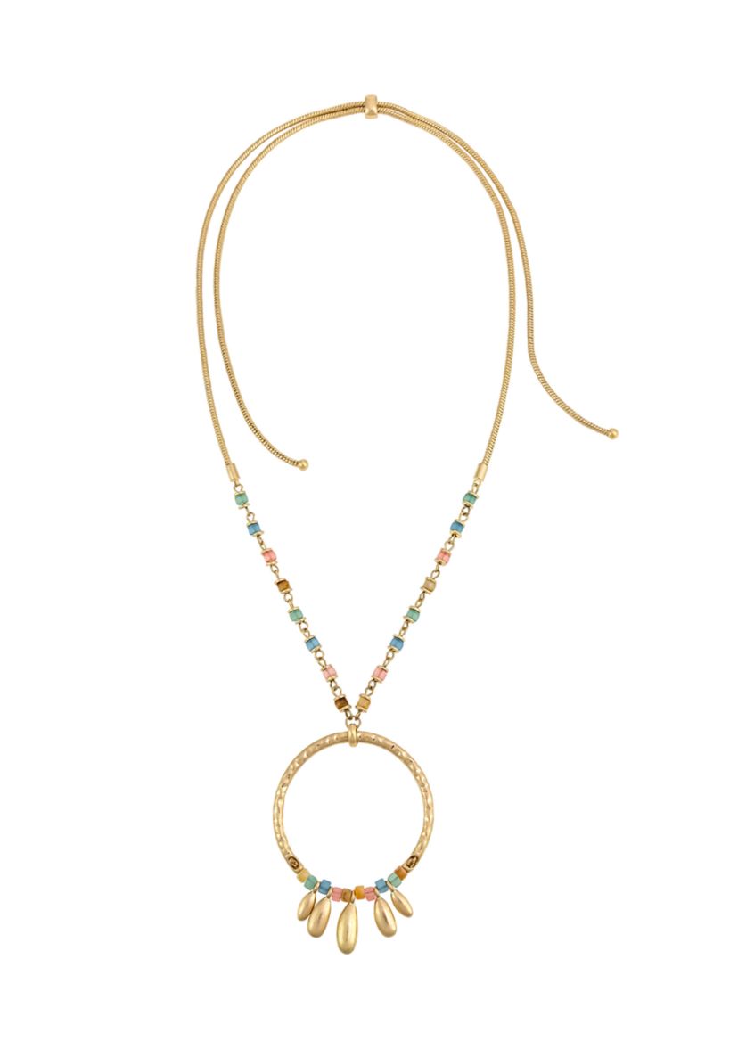 Long Open Fringe Ring Pendant Necklace with Multi Colored Bead Accents
