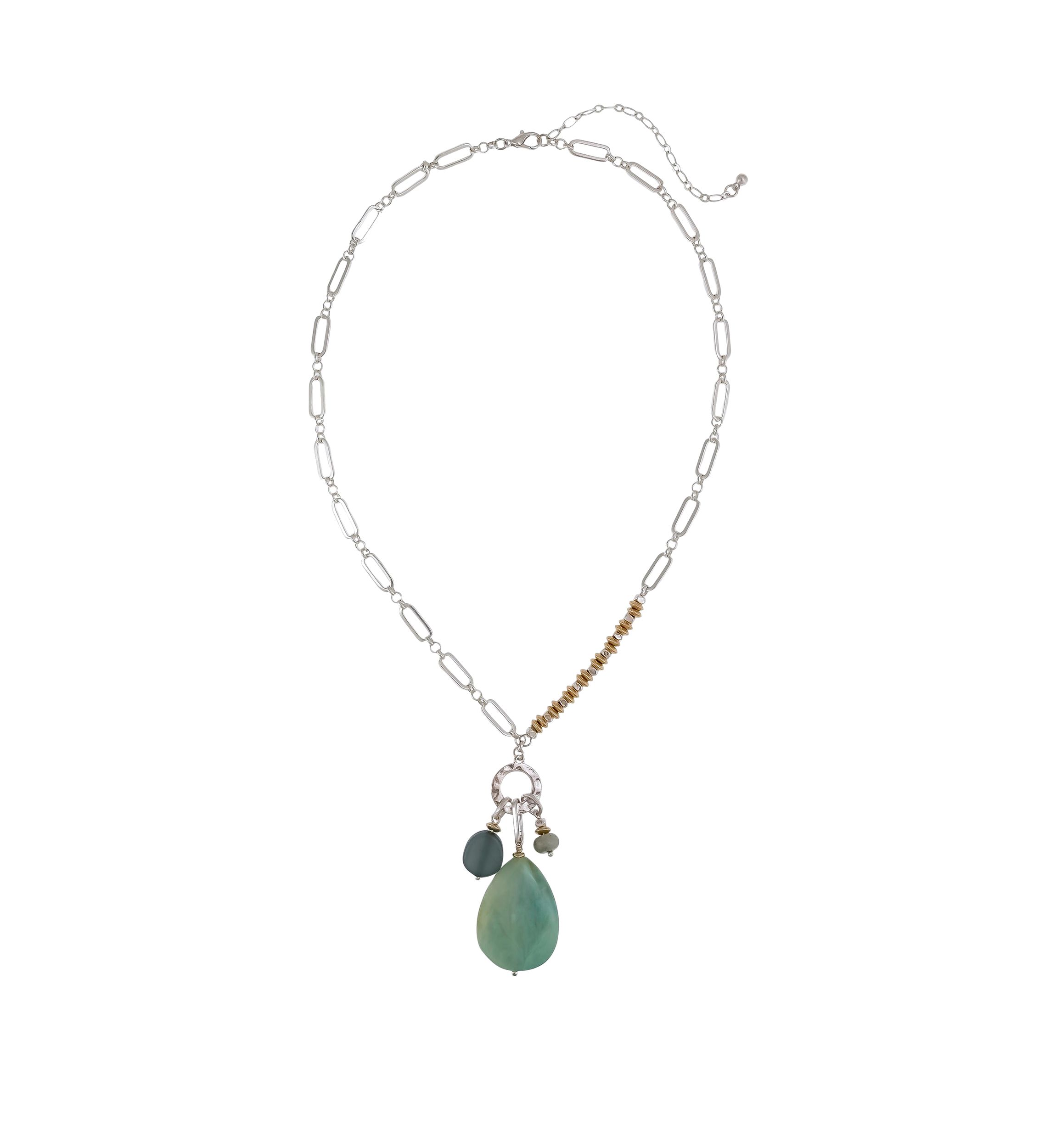 Two Tone 19.5 + 3 Extender Short Green Multi Teardrop Pendant Necklace