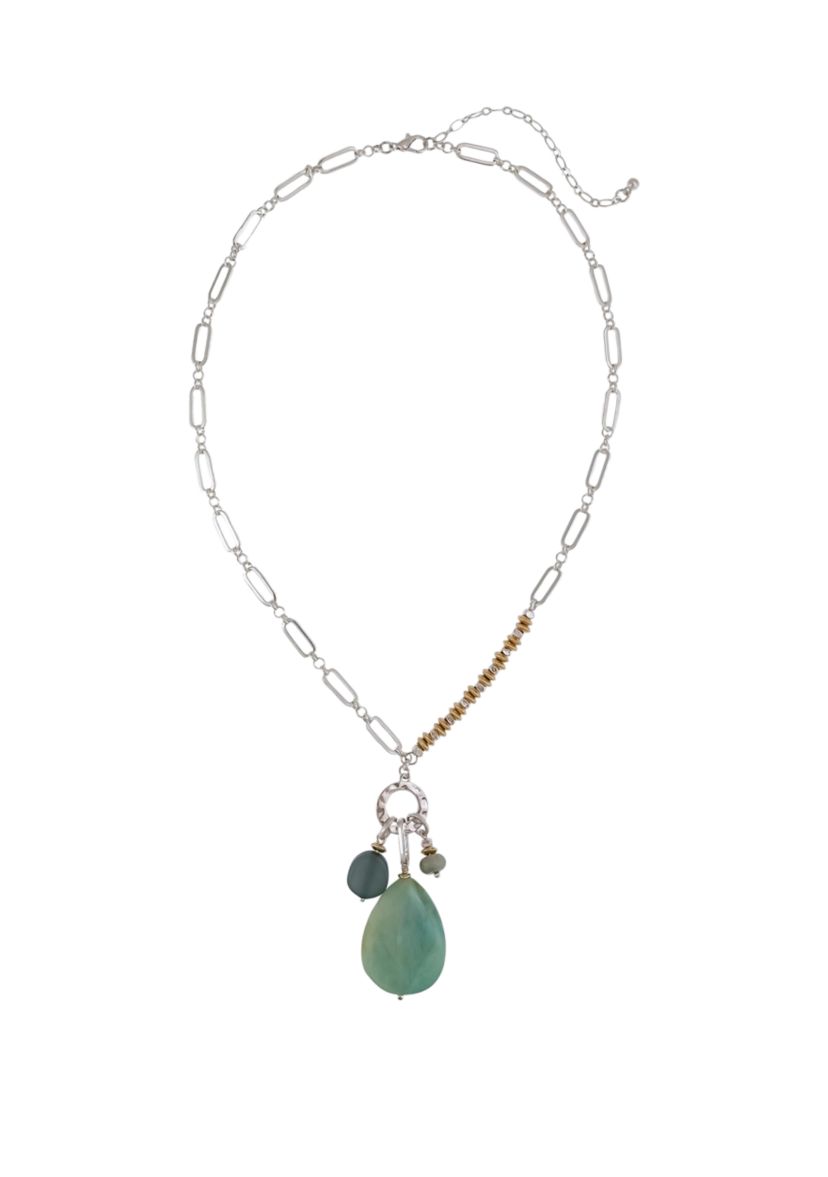 Two Tone 19.5 + 3 Extender Short Green Multi Teardrop Pendant Necklace