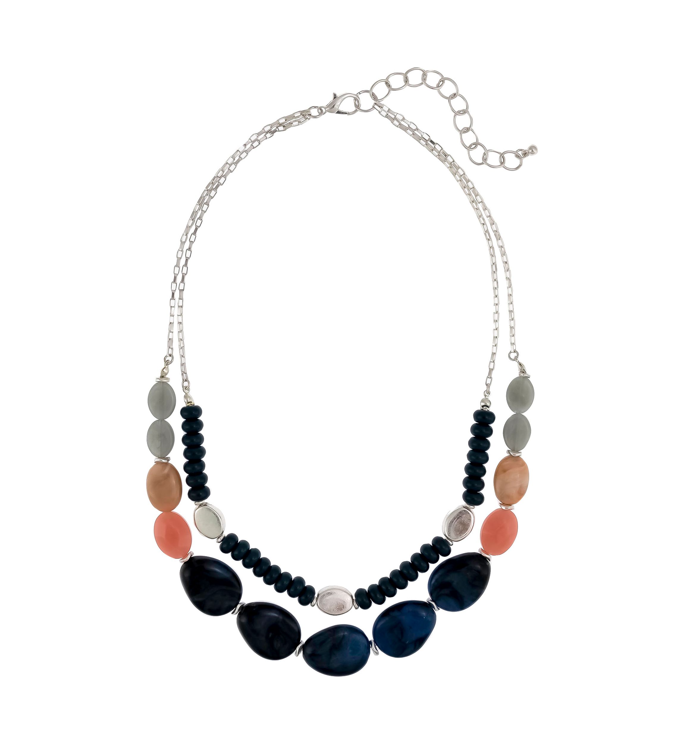 Silver Tone 18 + 3 Extender Double Row Beaded Blue Necklace