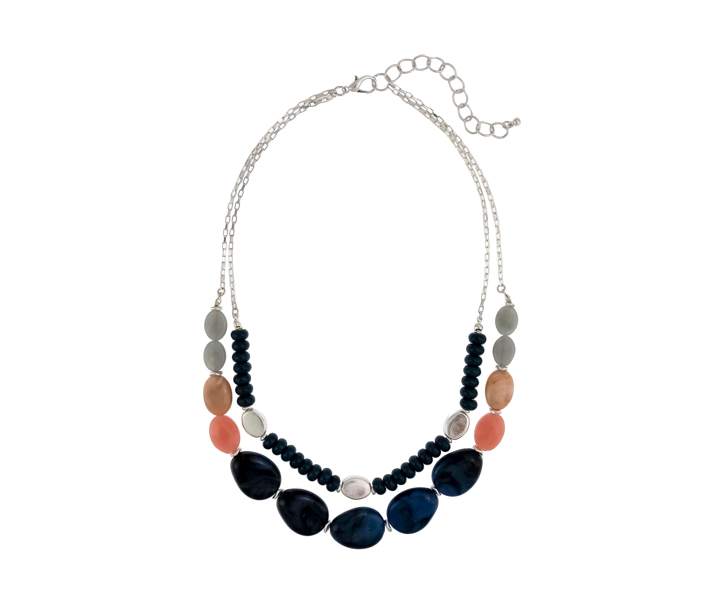 Silver Tone 18 + 3 Extender Double Row Beaded Blue Necklace