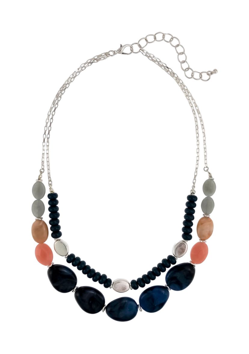 Silver Tone 18 + 3 Extender Double Row Beaded Blue Necklace