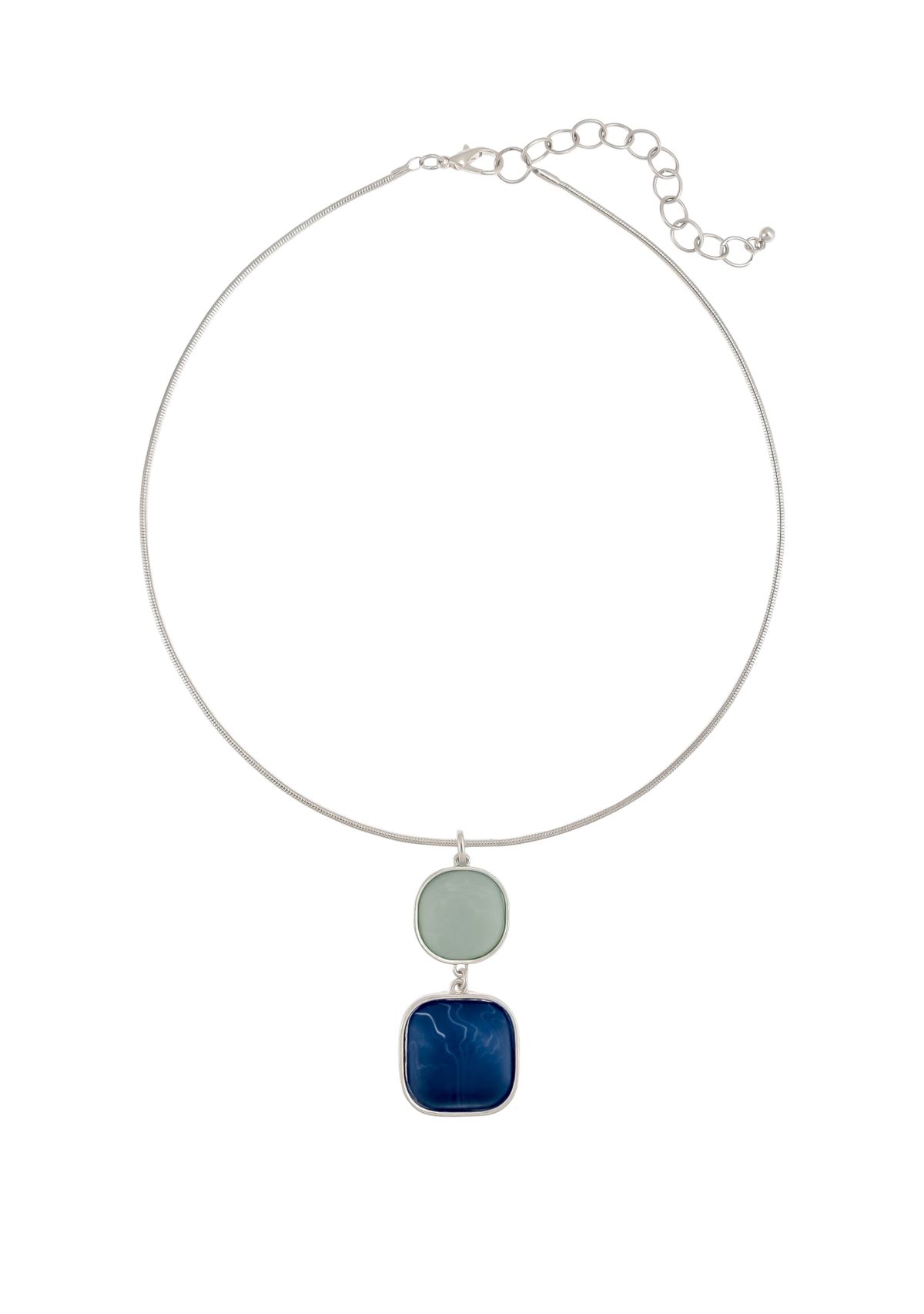 Silver Tone 19 + 3 Extender Neckwire with Multi Blue Double Square Pendant Necklace