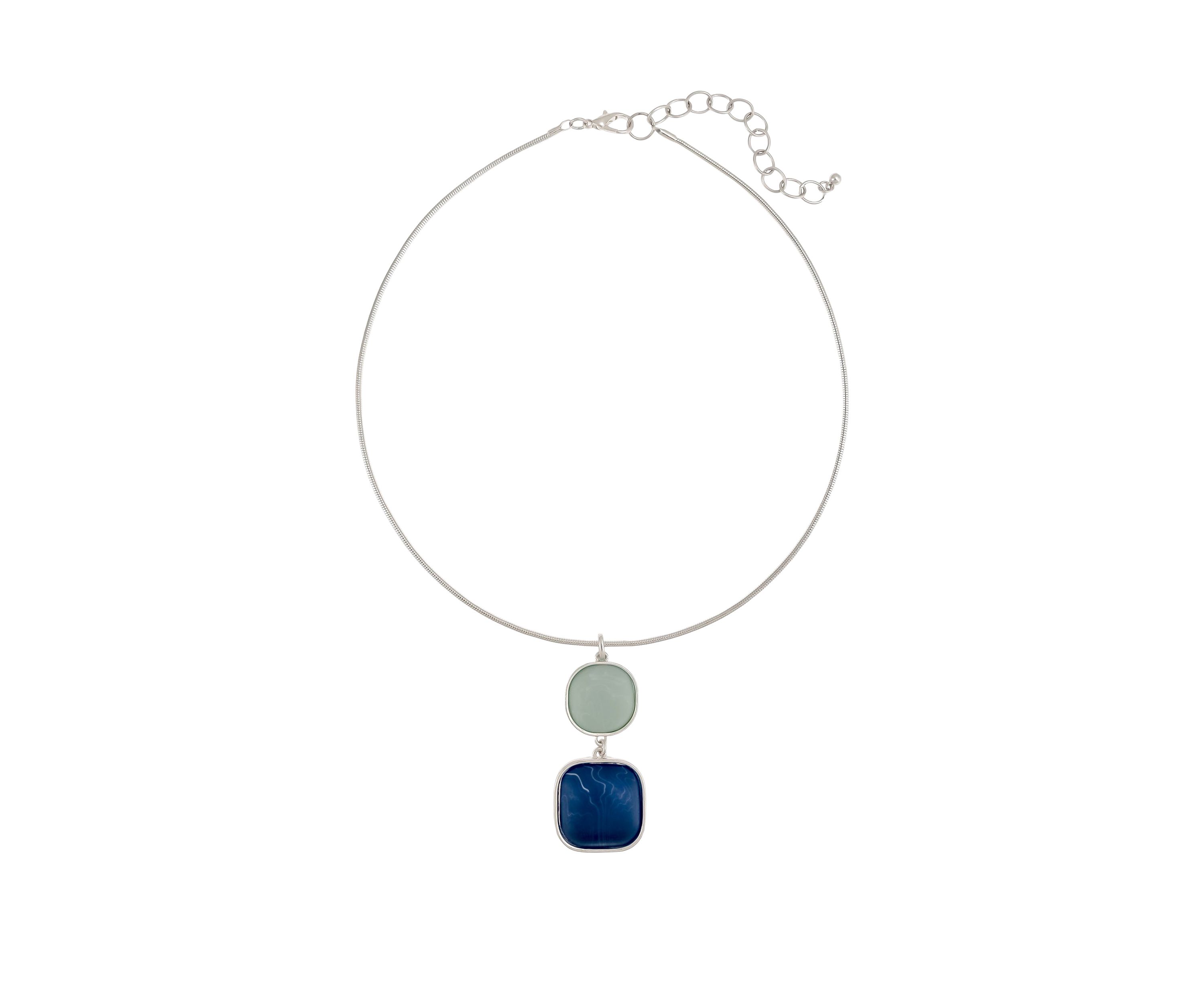 Silver Tone 19 + 3 Extender Neckwire with Multi Blue Double Square Pendant Necklace