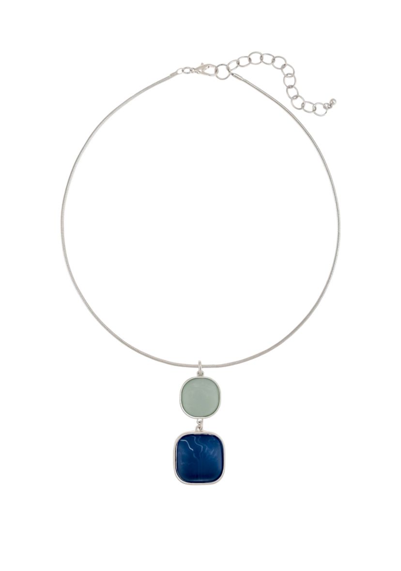 Silver Tone 19 + 3 Extender Neckwire with Multi Blue Double Square Pendant Necklace