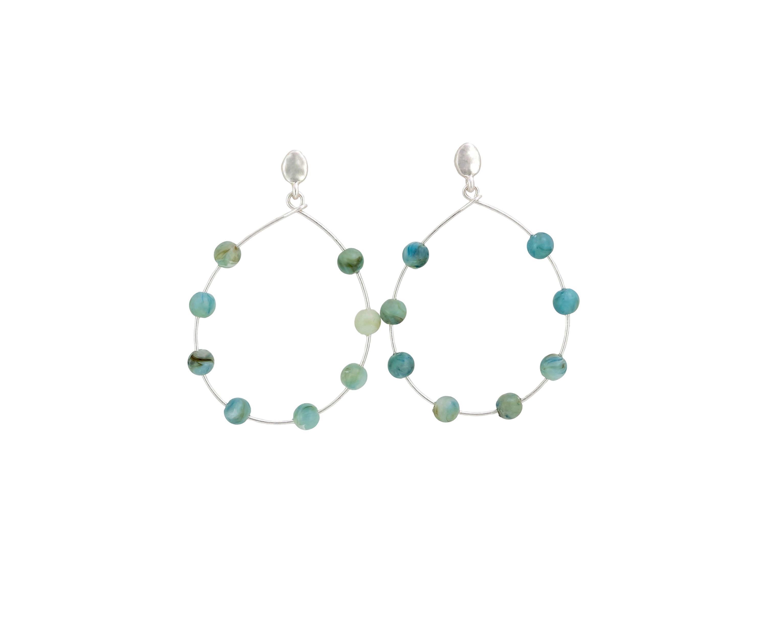Silver Tone Open Wire Teardrop Earrings with Multi Green Colored Bead Accents and Post Top