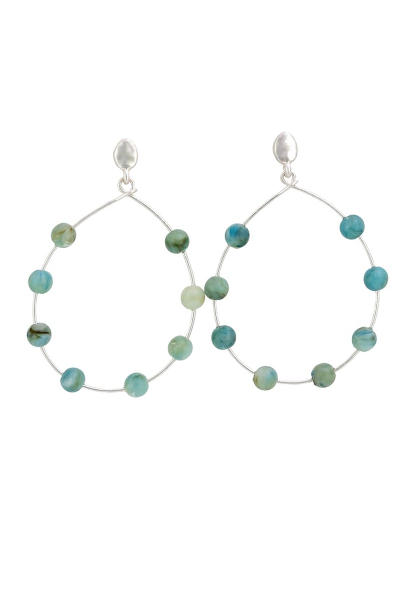 Silver Tone Open Wire Teardrop Earrings with Multi Green Colored Bead Accents and Post Top