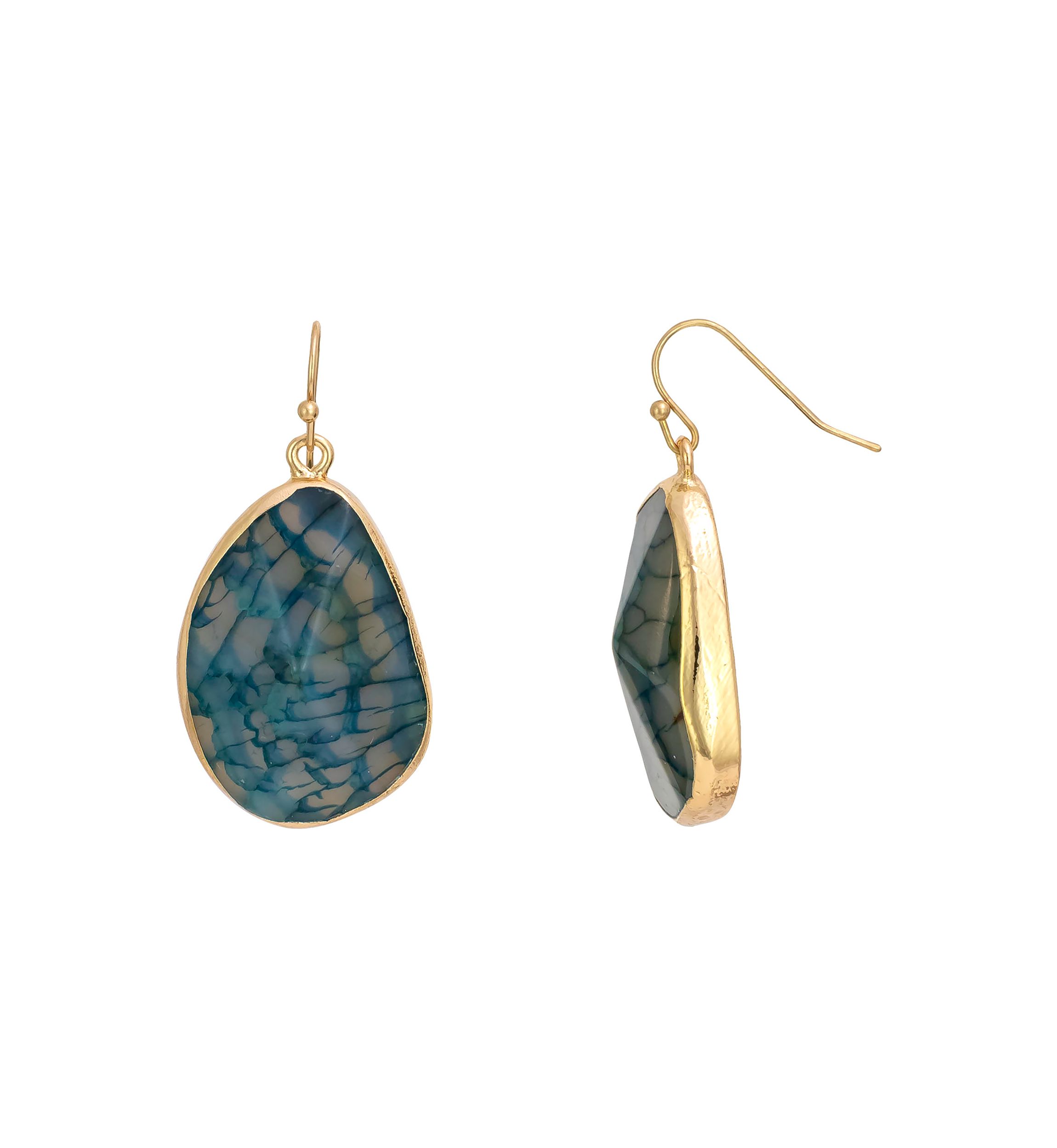 Gold Tone Faceted Blue Framed Semi Stone Drop Earrings