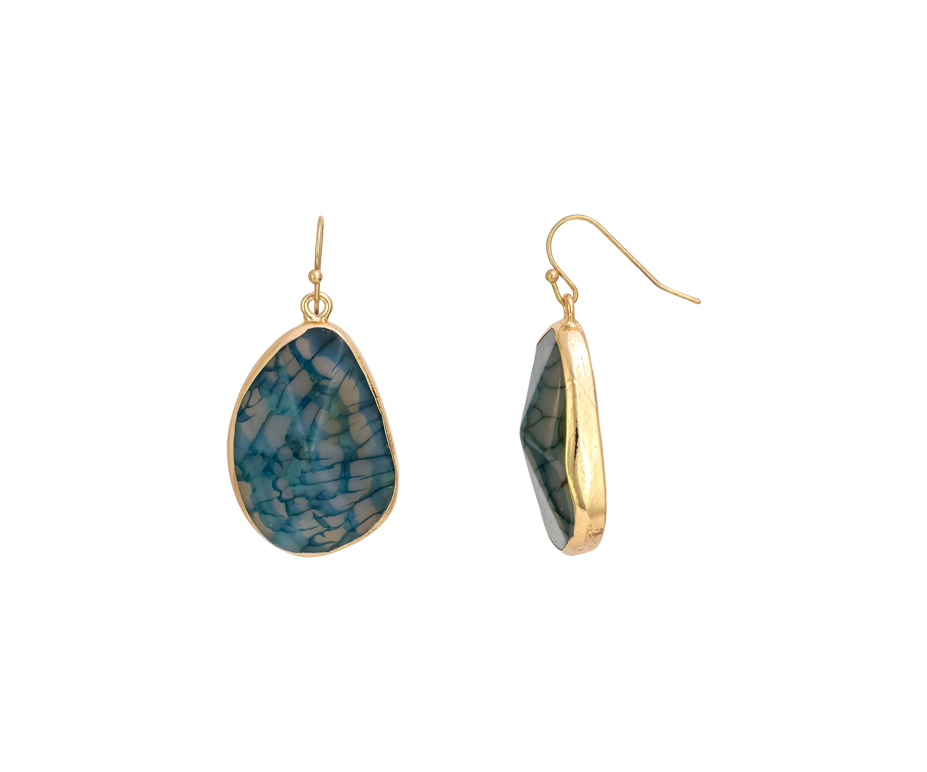 Gold Tone Faceted Blue Framed Semi Stone Drop Earrings